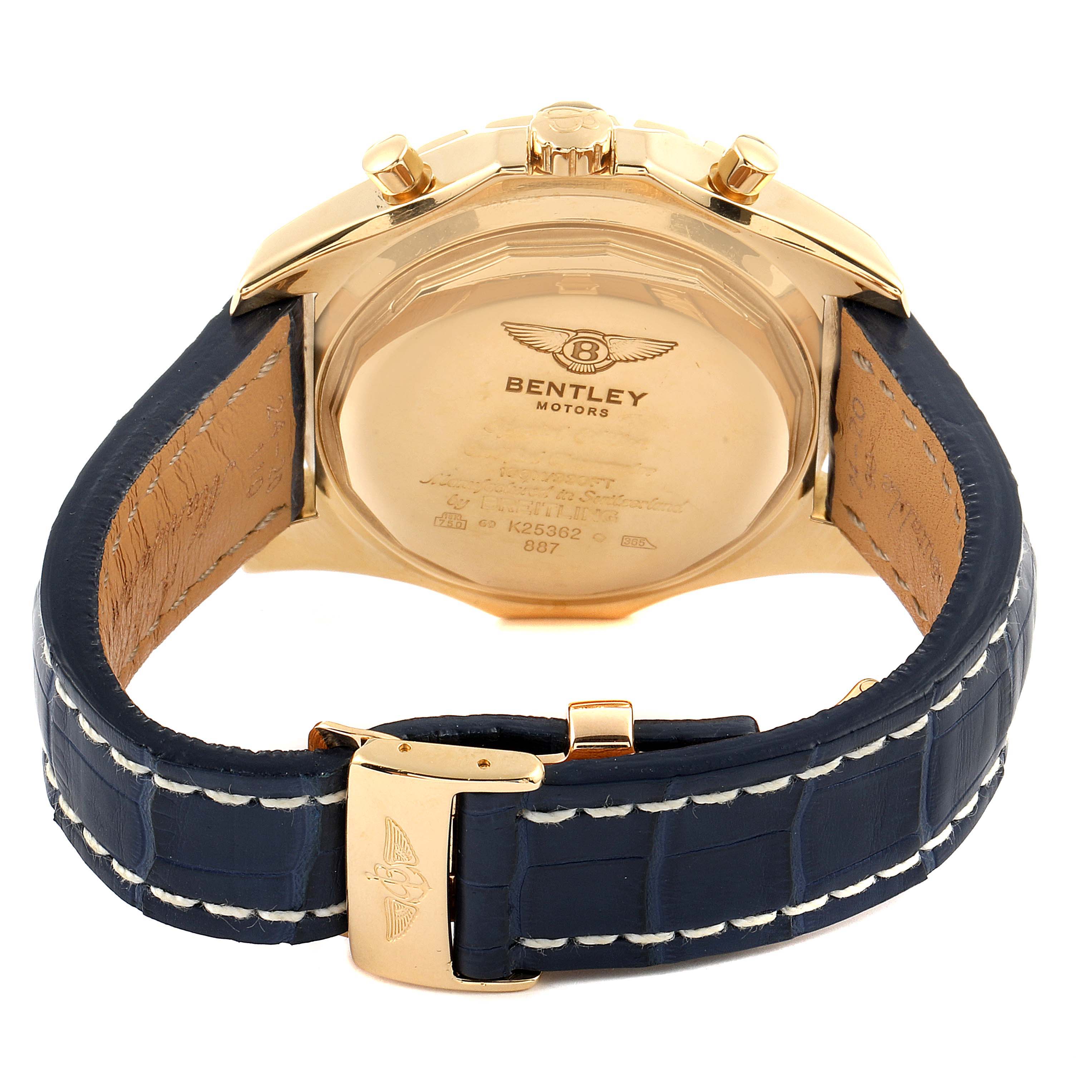 The image shows the back case and leather strap of a Breitling Bentley K25362 Men's Yellow Gold Blue Dial K25362 Men's Yellow Gold Blue Dial model watch.