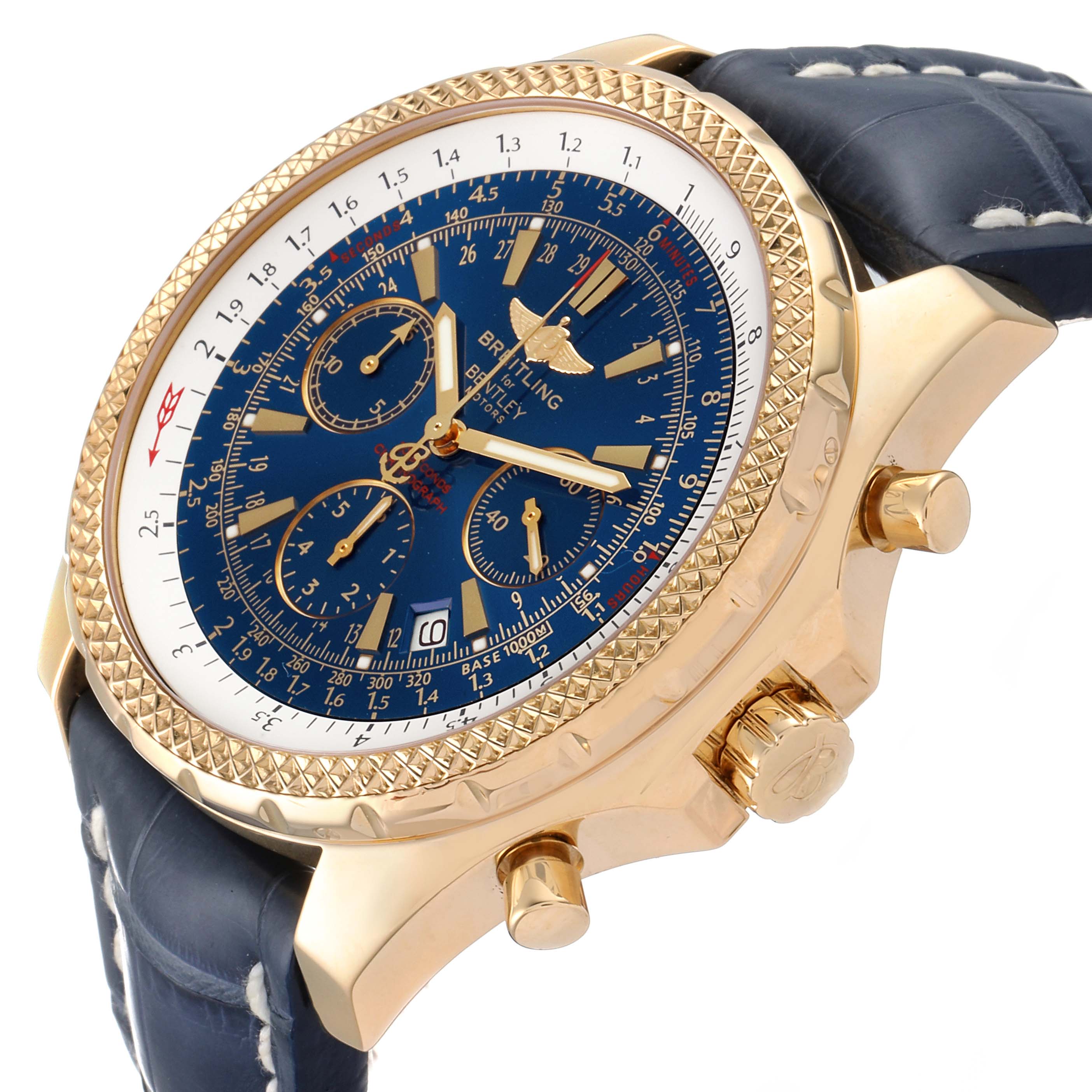 This image shows a Bentley model by Breitling from an angled side view, highlighting the gold case, blue dial, and leather strap.