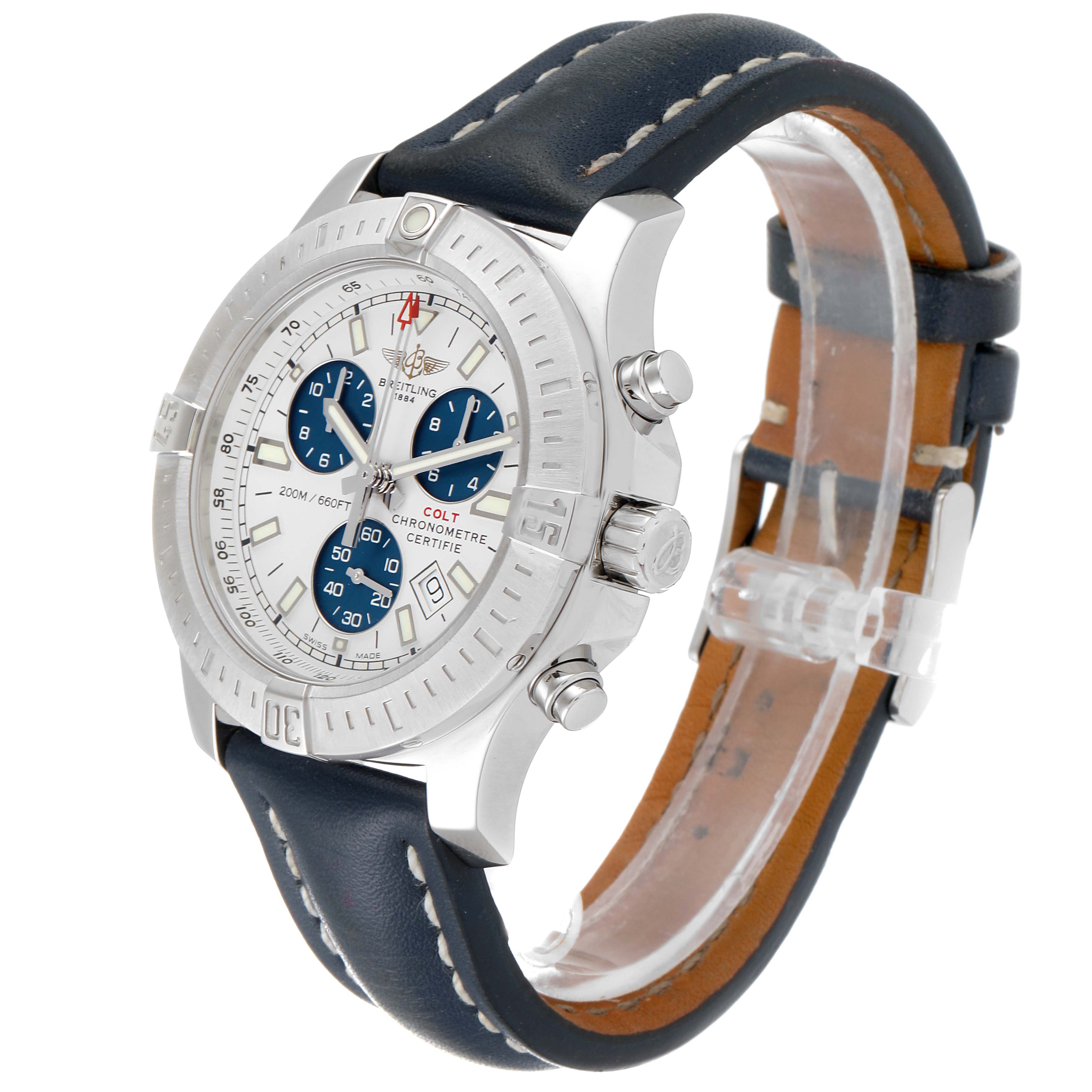 The image shows a Breitling Colt A73388 Men's Stainless Steel White Dial A73388 Men's Stainless Steel White Dial watch at an angle displaying its face, bezel, crown, pushers, and leather strap.