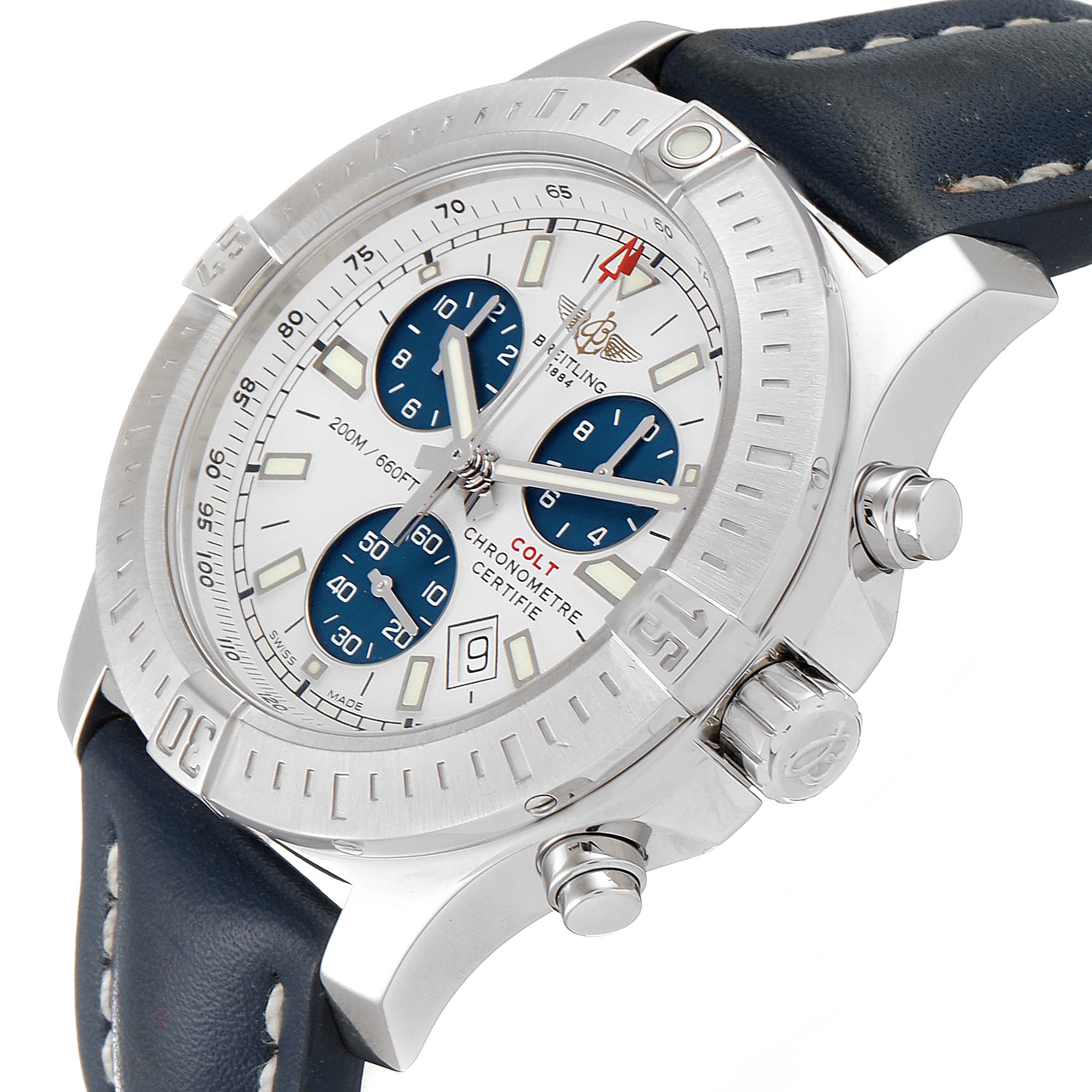 The Breitling Colt A73388 Men's Stainless Steel White Dial A73388 Men's Stainless Steel White Dial watch is shown from an angled side view, highlighting the face, bezel, crown, and part of the leather strap.