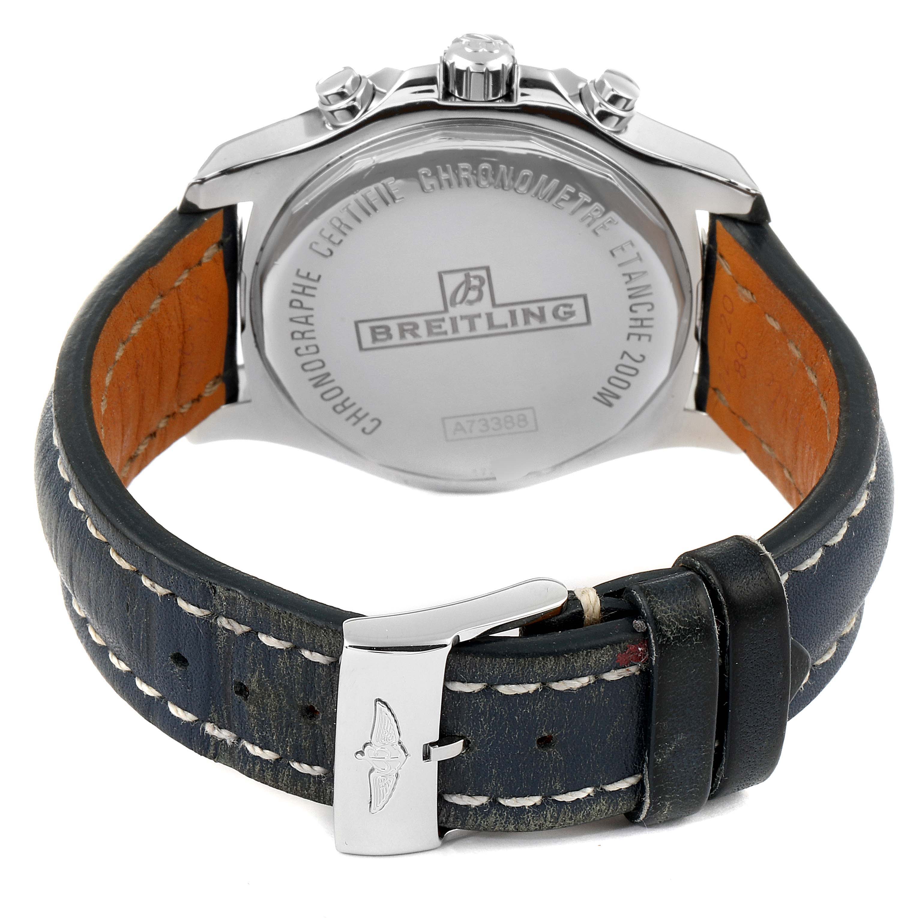 The image shows the back view of a Breitling Colt A73388 Men's Stainless Steel White Dial A73388 Men's Stainless Steel White Dial watch, highlighting the case back, leather strap, and buckle.