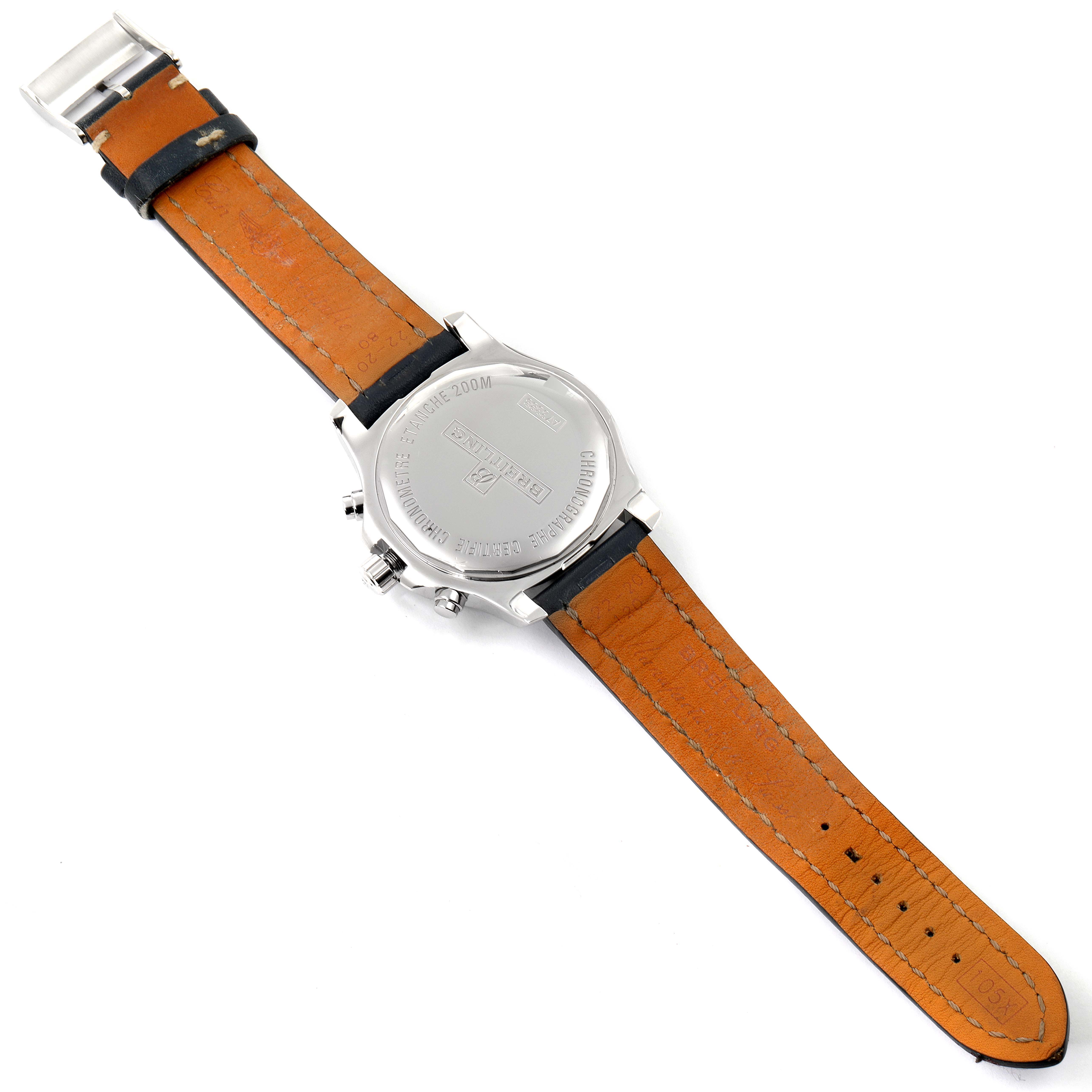 This image shows the back view of a Breitling Colt A73388 Men's Stainless Steel White Dial A73388 Men's Stainless Steel White Dial watch, highlighting its case back and brown leather strap.