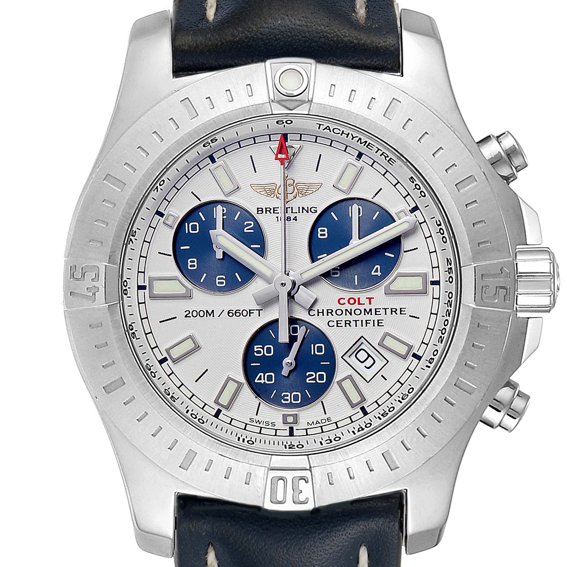 This image shows a frontal view of the Breitling Colt A73388 Men's Stainless Steel White Dial A73388 Men's Stainless Steel White Dial chronograph watch, with clear details of the dial, bezel, and strap.