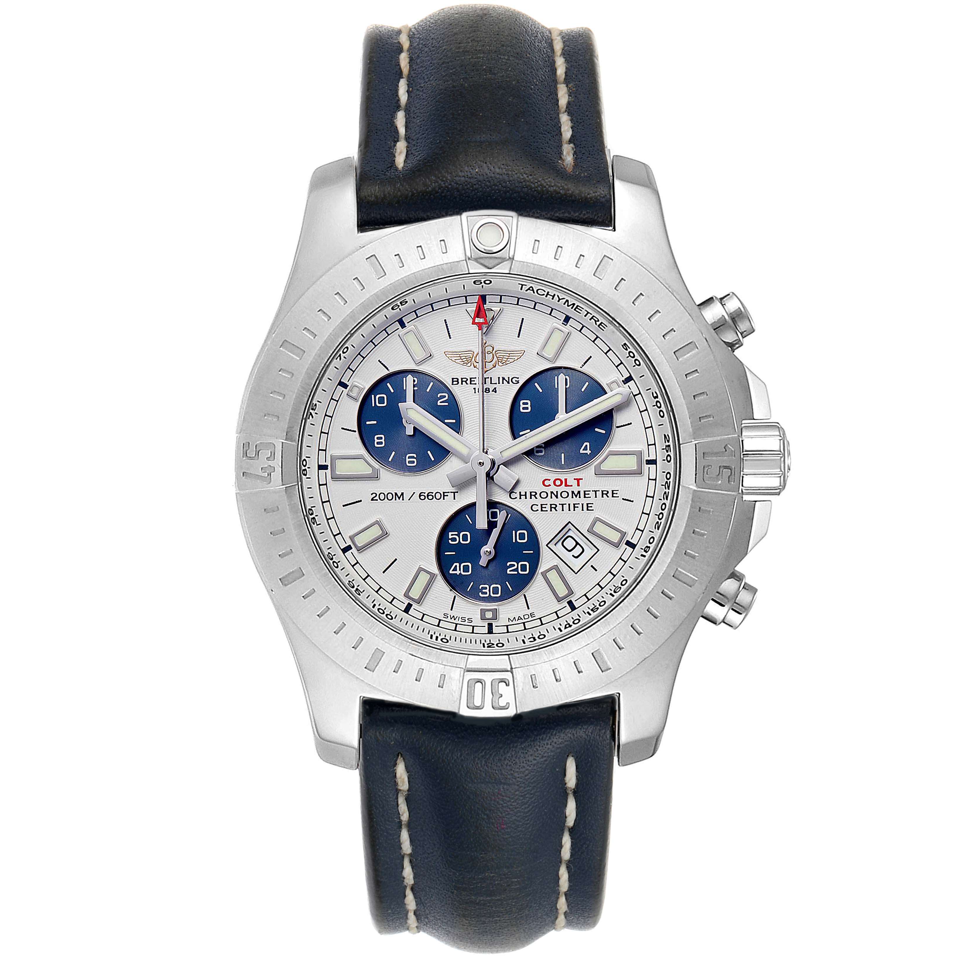The image shows a front view of a Breitling Colt A73388 Men's Stainless Steel White Dial A73388 Men's Stainless Steel White Dial watch featuring a silver bezel, blue subdials, and a black leather strap.