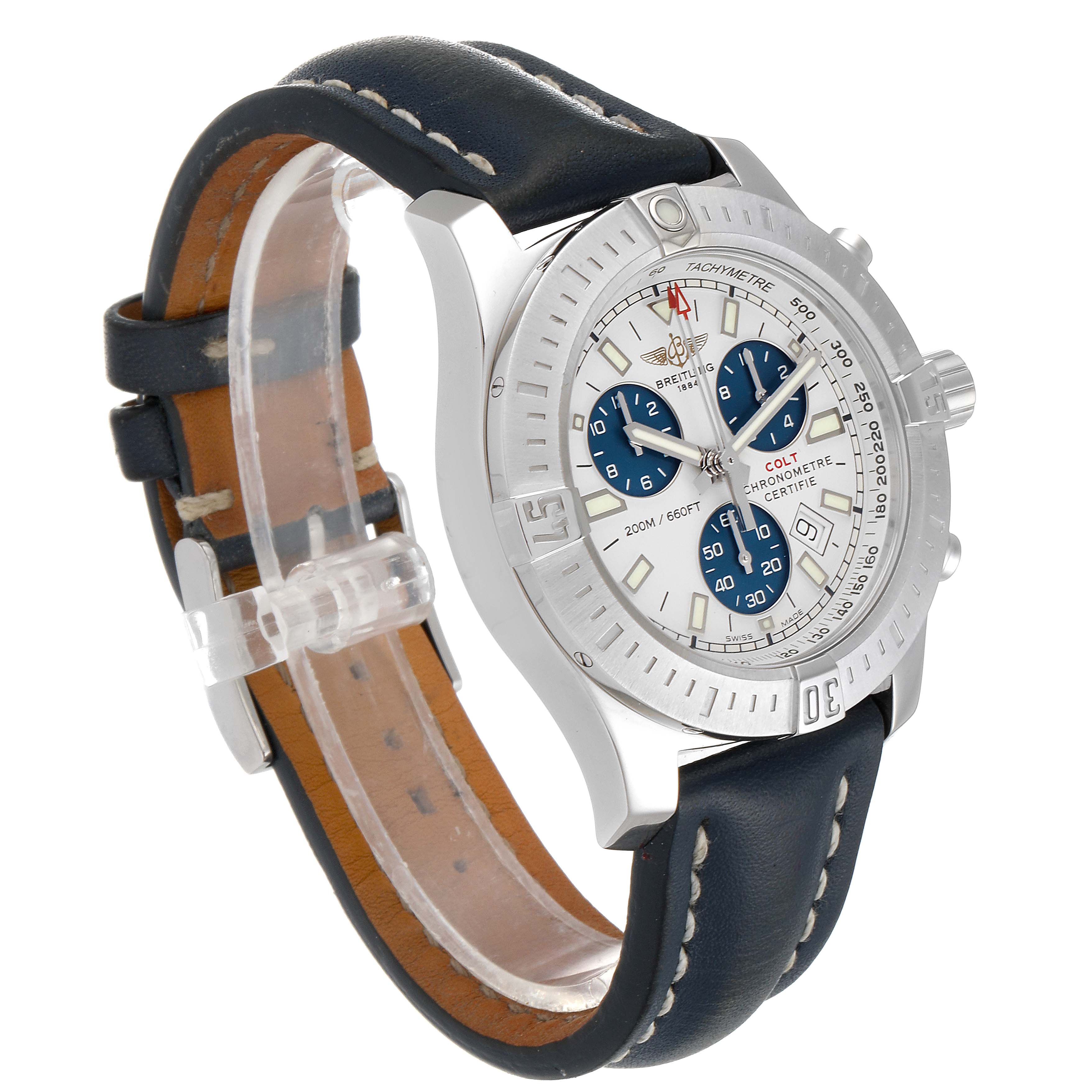 The Breitling Colt A73388 Men's Stainless Steel White Dial A73388 Men's Stainless Steel White Dial watch is shown at an angled side view, displaying the face, bezel, crown, and leather strap with stitching.