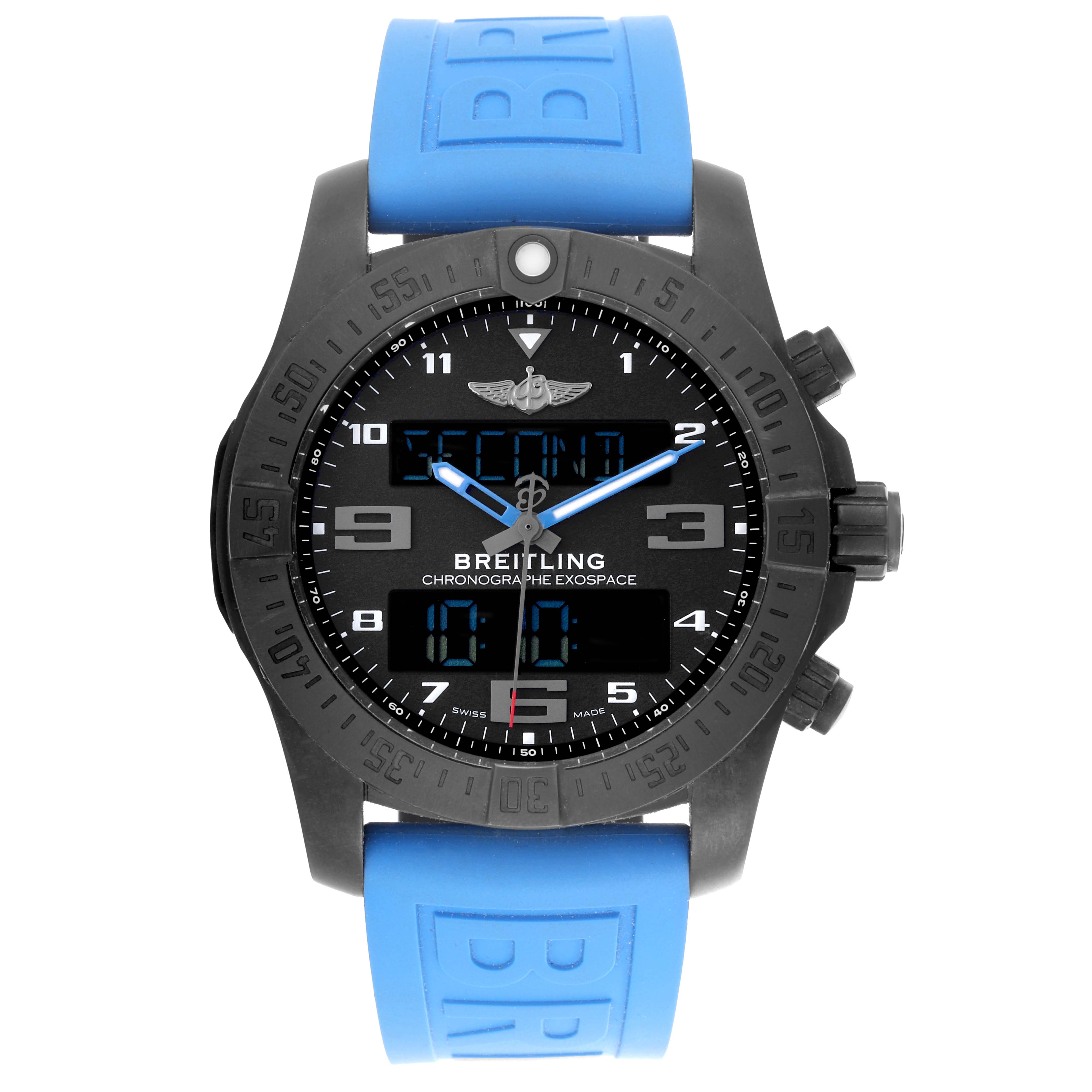 The Breitling Professional Series VB5510 Men's Titanium Black Dial VB5510 Men's Titanium Black Dial watch is shown from a front angle, highlighting its face, blue strap, and digital display.