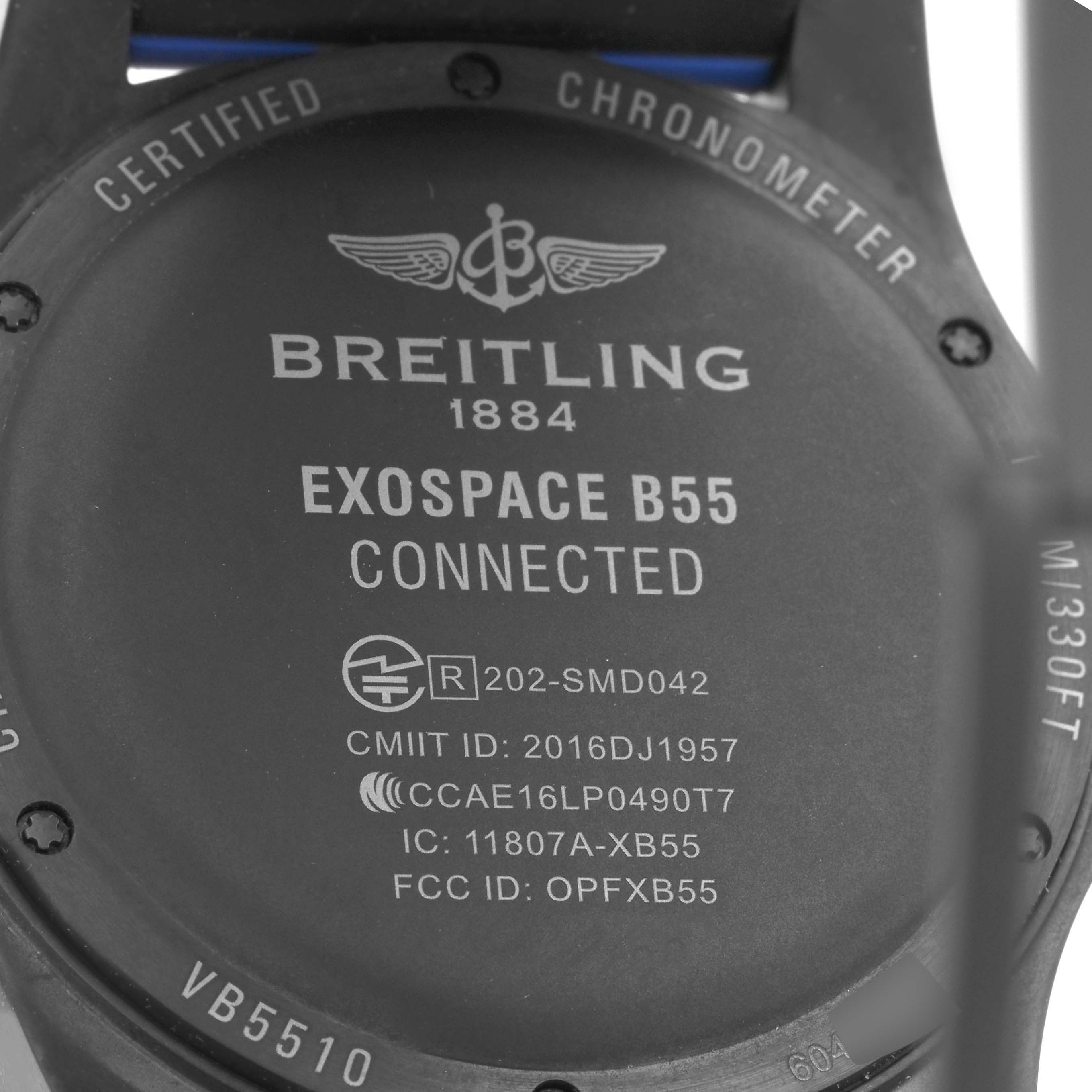 The image shows the back of the Breitling Professional Series VB5510 Men's Titanium Black Dial VB5510 Men's Titanium Black Dial Exospace B55 watch, highlighting its engraved details and certification.