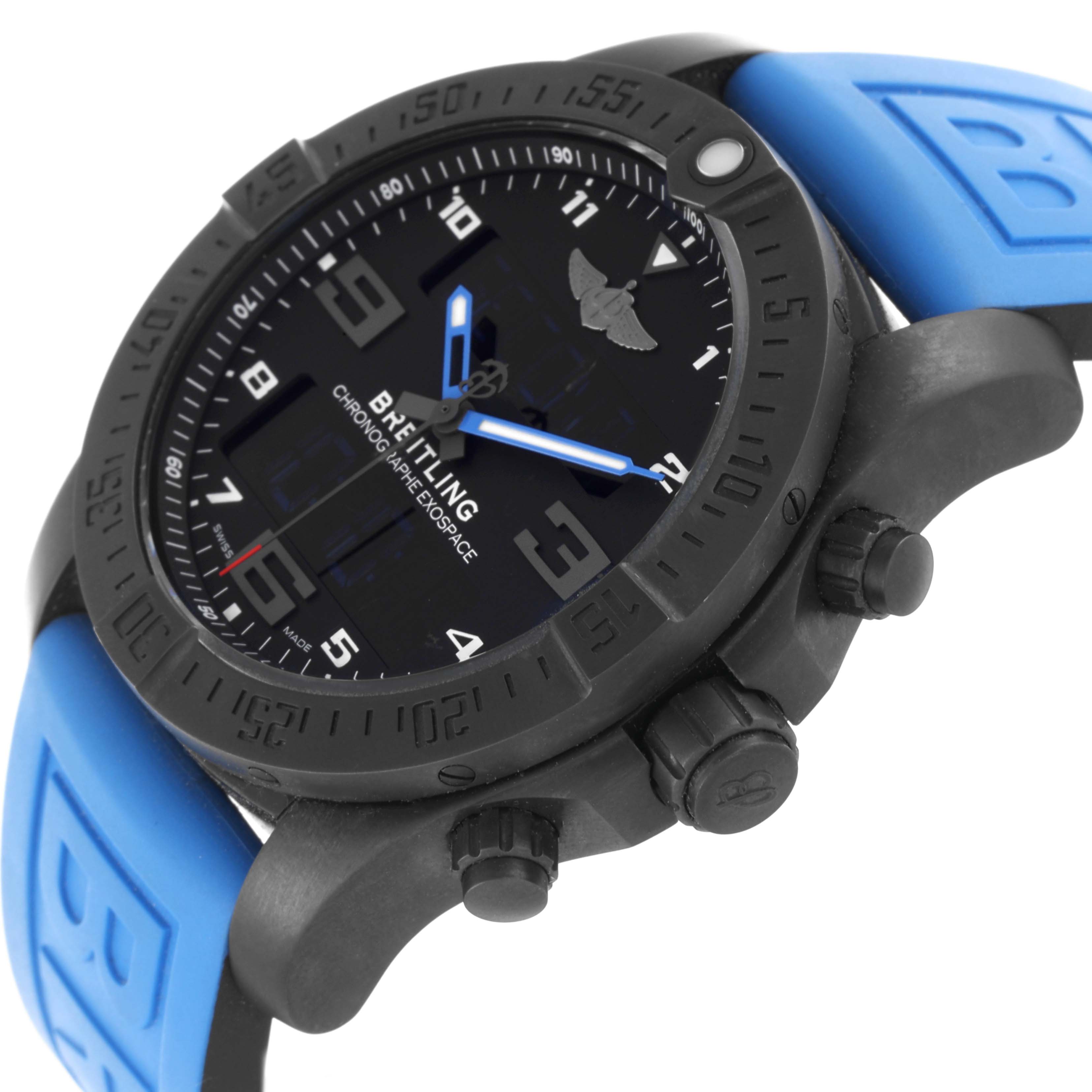 The Breitling Professional Series VB5510 Men's Titanium Black Dial VB5510 Men's Titanium Black Dial watch is shown from a side angle, highlighting its bezel, dial, and blue strap.