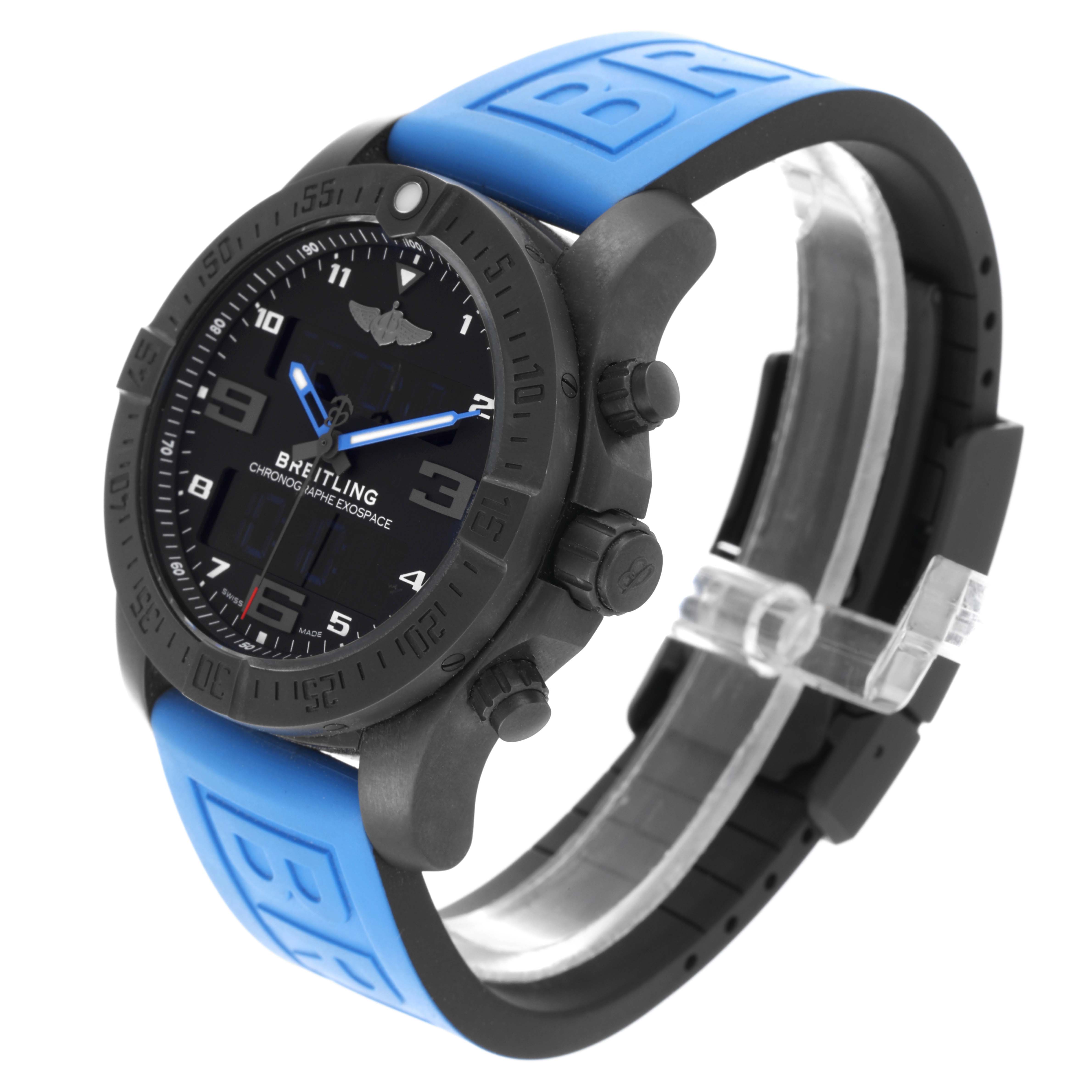 The Breitling Professional Series VB5510 Men's Titanium Black Dial VB5510 Men's Titanium Black Dial watch is shown at a three-quarter angle, highlighting its face, bezel, buttons, and blue strap.