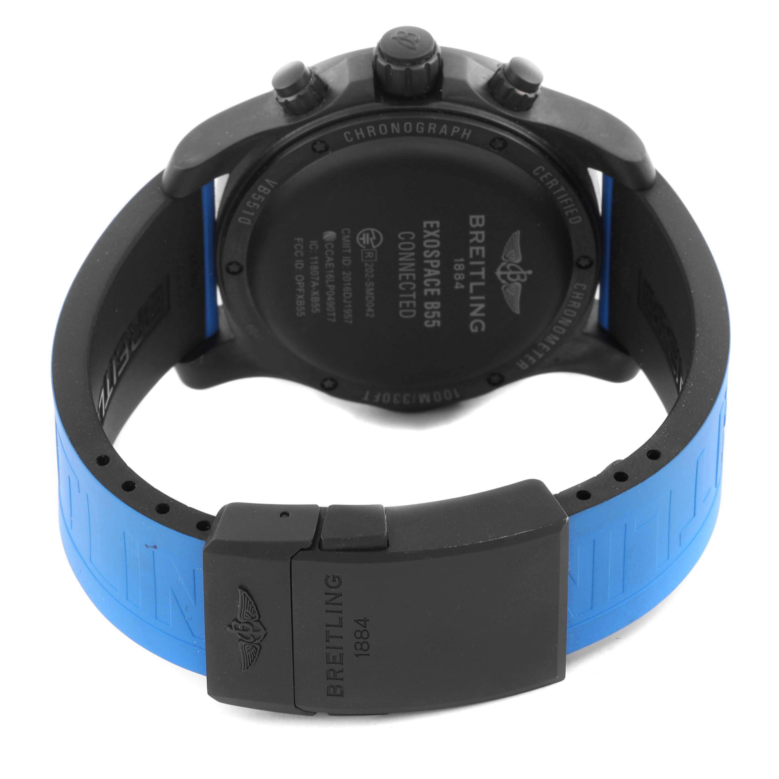 The Breitling Professional Series VB5510 Men's Titanium Black Dial VB5510 Men's Titanium Black Dial watch is shown from the back, highlighting the case back and blue strap with clasp.