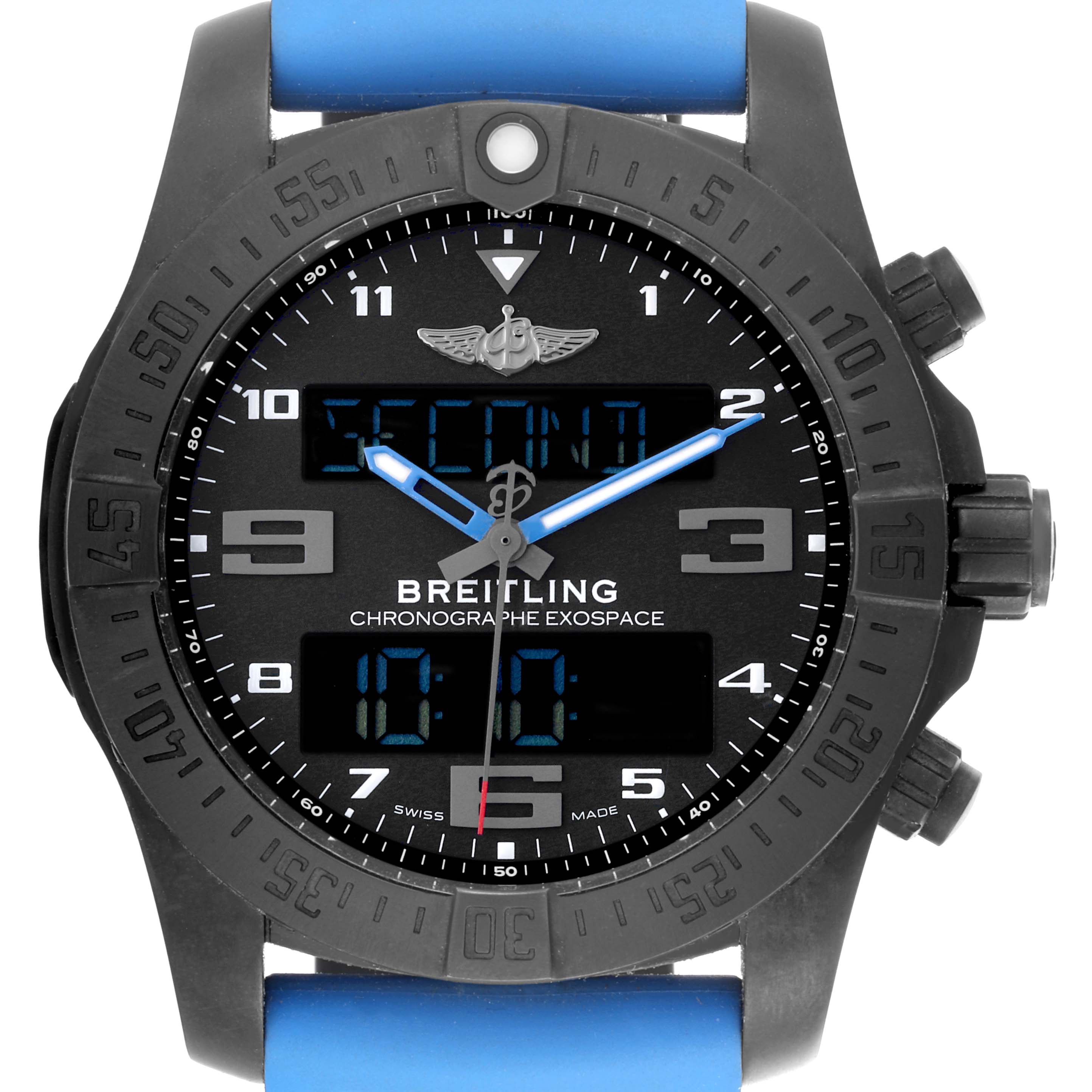 The Breitling Professional Series VB5510 Men's Titanium Black Dial VB5510 Men's Titanium Black Dial watch is shown from a front angle, displaying the face, bezel, and crown, with a blue strap.
