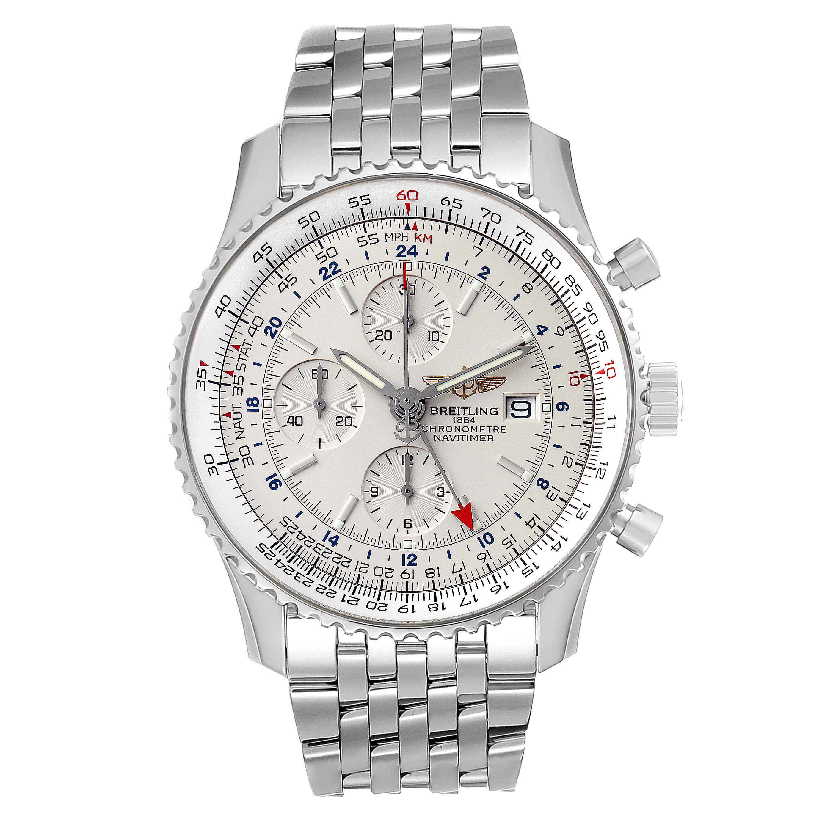 The image shows a front view of a Breitling Navitimer A24322 Men's Stainless Steel Silver Dial A24322 Men's Stainless Steel Silver Dial watch, displaying its face, bezel, crown, and stainless steel bracelet.