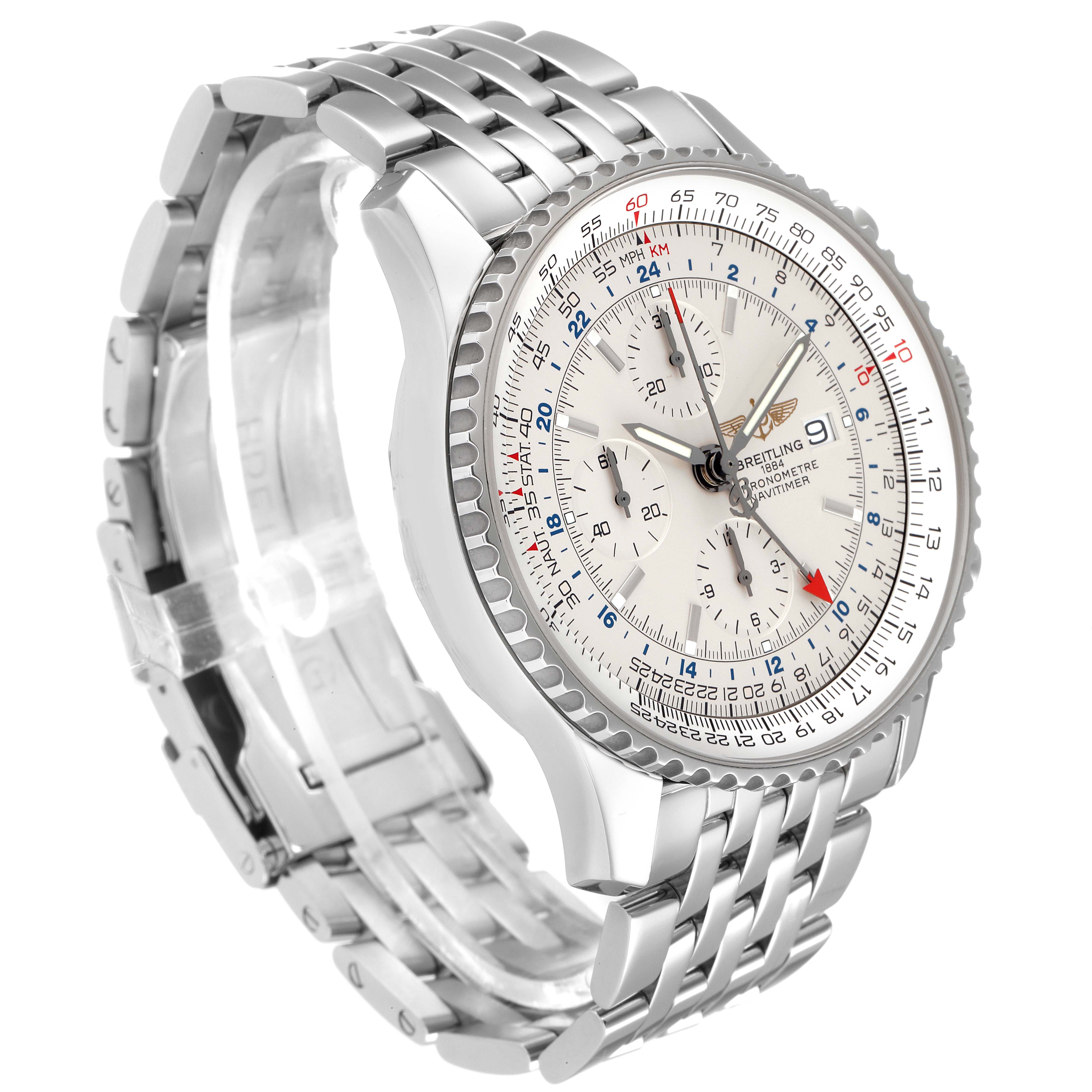 The image shows a side and front-angle view of the Breitling Navitimer A24322 Men's Stainless Steel Silver Dial A24322 Men's Stainless Steel Silver Dial watch, featuring its dial and metal bracelet.