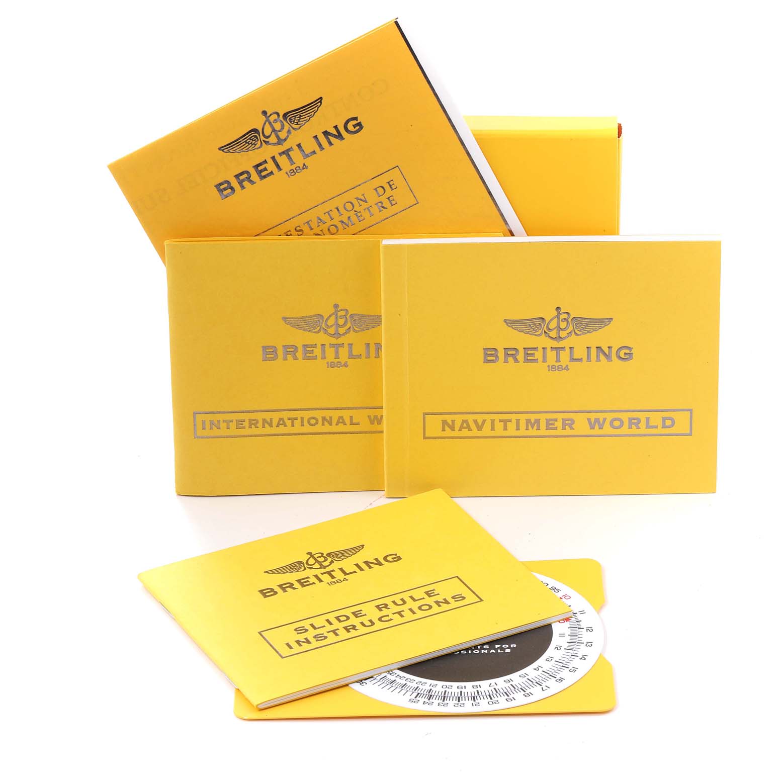 Breitling Navitimer A24322 Men's Stainless Steel Silver Dial A24322 Men's Stainless Steel Silver Dial model watch documentation and accessories, including international warranty, instructions, and slide rule, are shown.