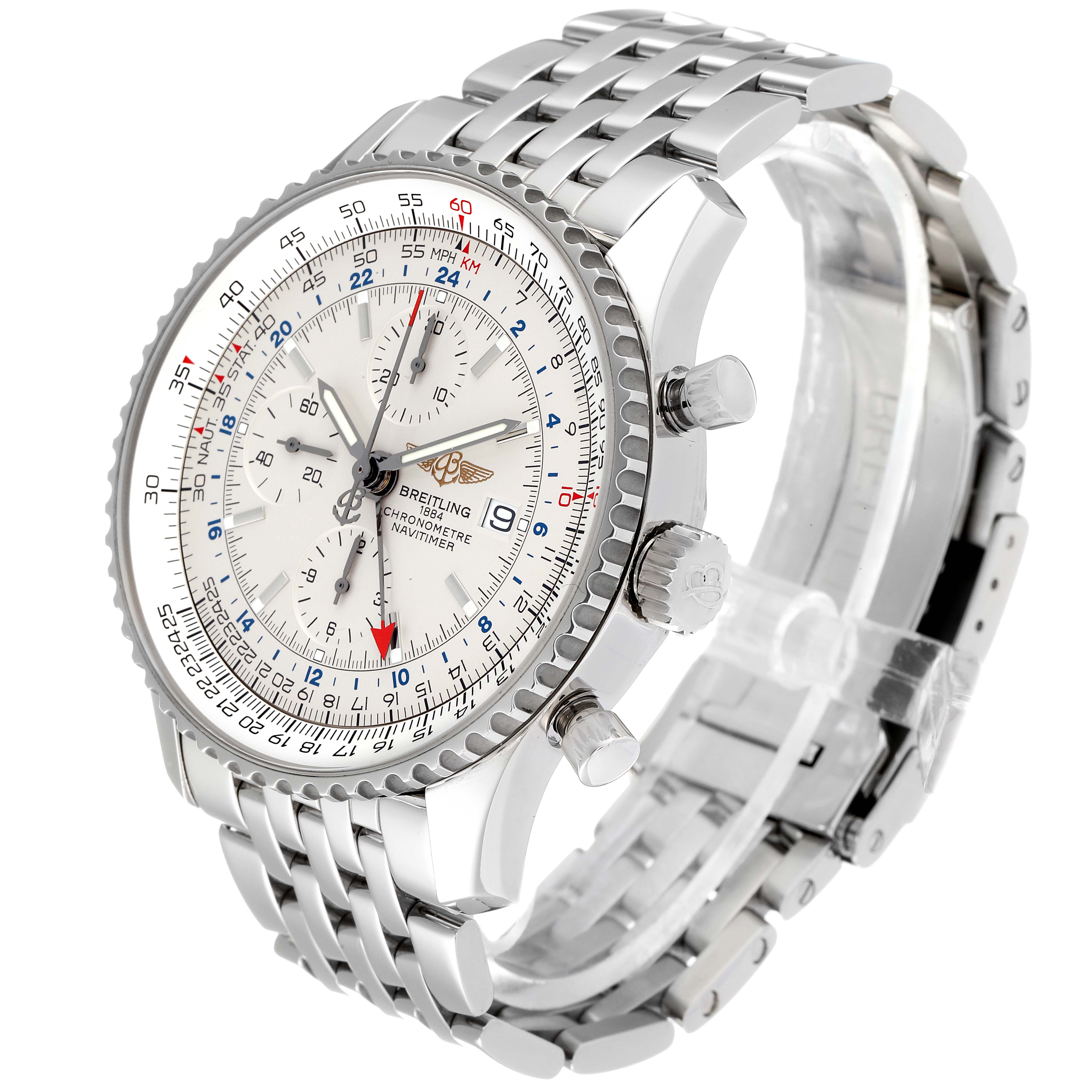 This image shows a Breitling Navitimer A24322 Men's Stainless Steel Silver Dial A24322 Men's Stainless Steel Silver Dial watch at a three-quarter angle, highlighting the face, bezel, crown, and bracelet.