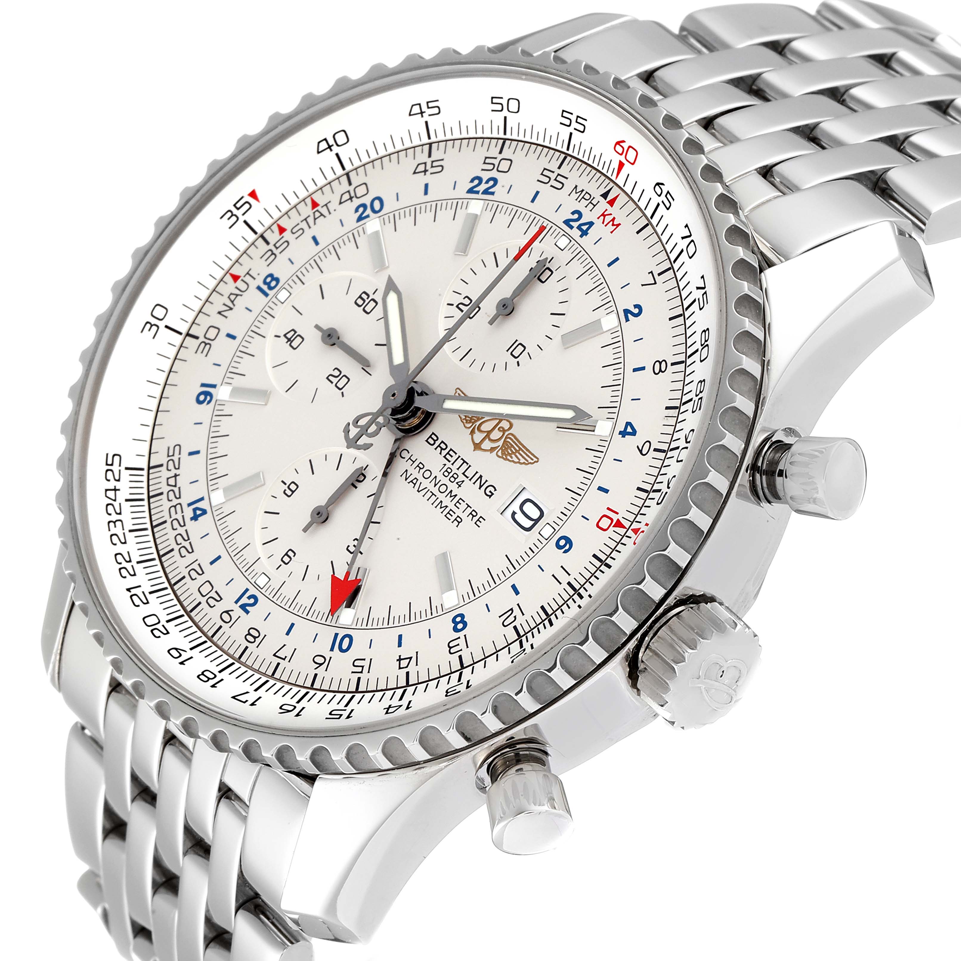 The image shows a close-up angle of the Breitling Navitimer A24322 Men's Stainless Steel Silver Dial A24322 Men's Stainless Steel Silver Dial watch displaying its dial, bezel, crown, pushers, and metal bracelet.