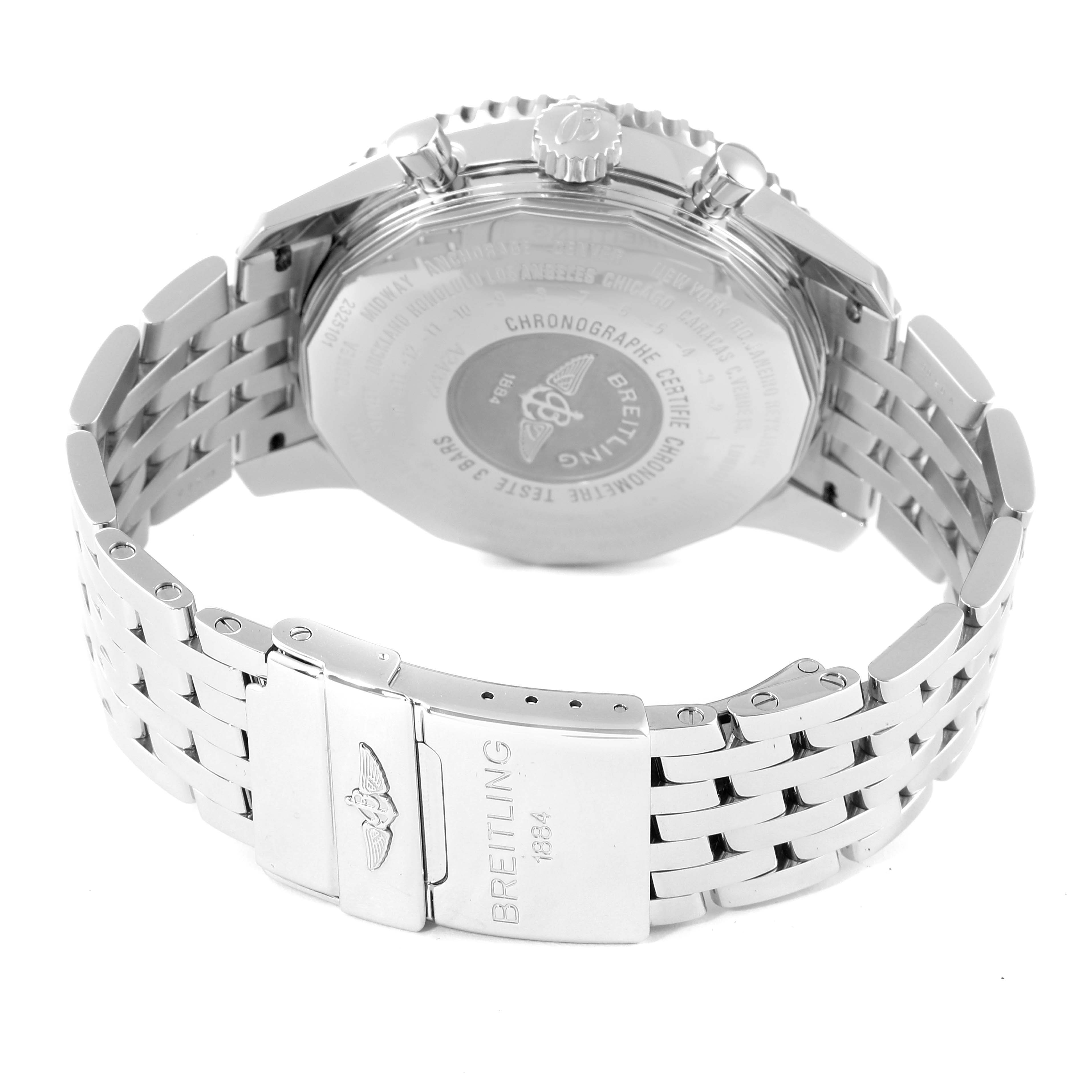 The image shows the back case and metal bracelet of the Breitling Navitimer A24322 Men's Stainless Steel Silver Dial A24322 Men's Stainless Steel Silver Dial watch.