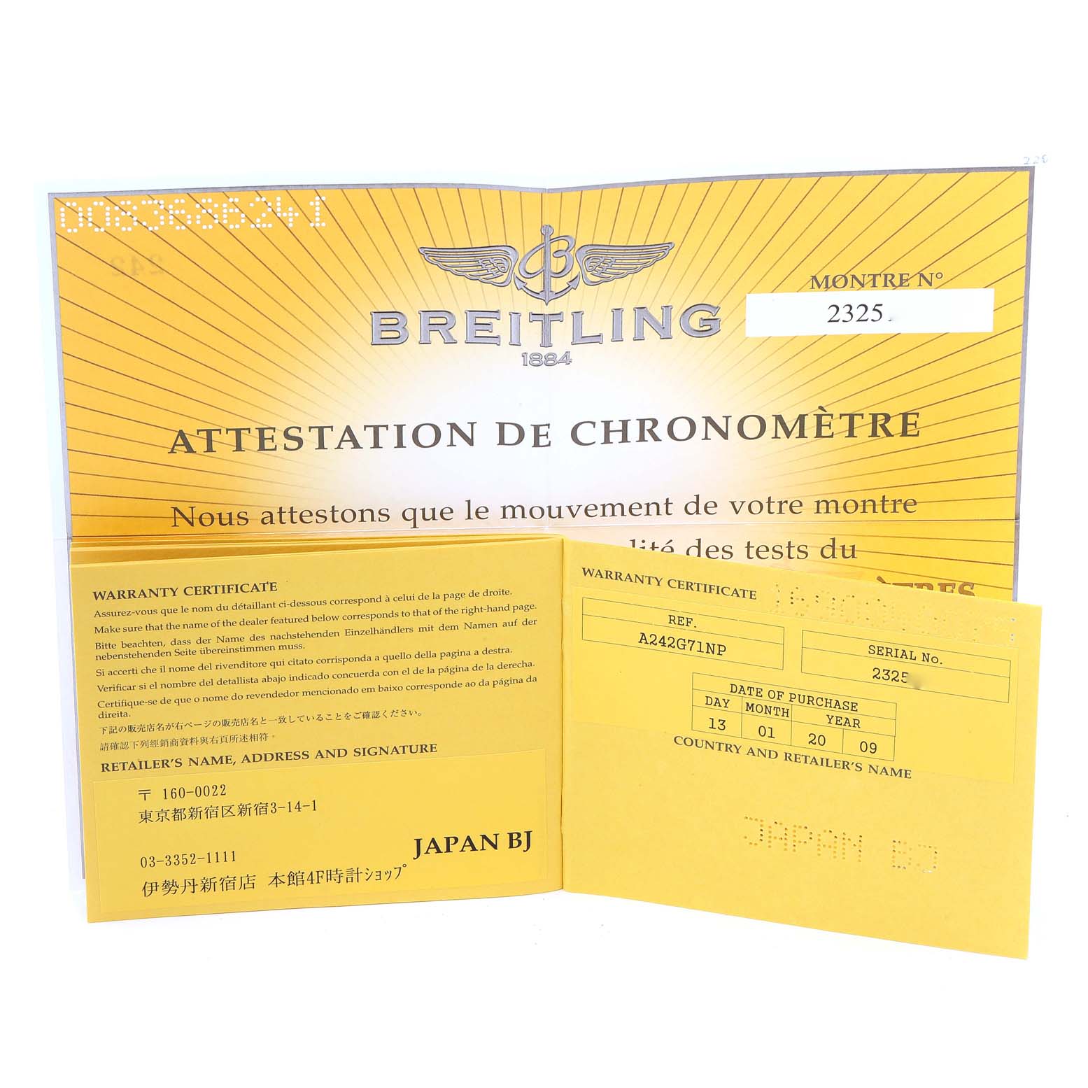 The image shows the warranty certificate and chronometer certification for a Breitling Navitimer A24322 Men's Stainless Steel Silver Dial A24322 Men's Stainless Steel Silver Dial watch.