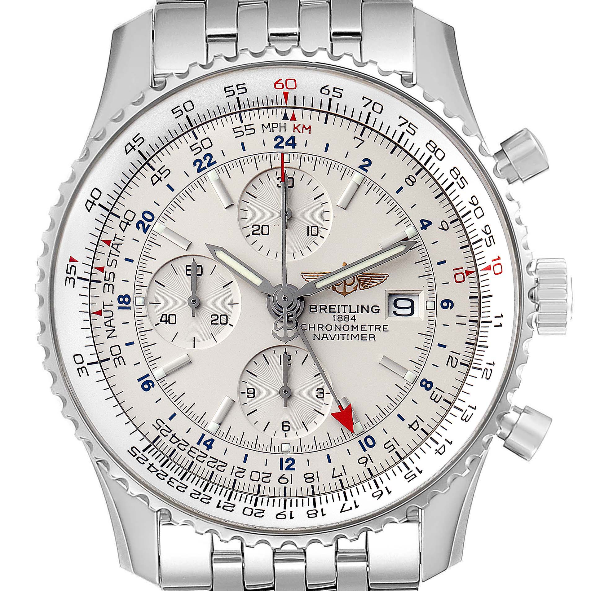 The image shows a front view of a Breitling Navitimer A24322 Men's Stainless Steel Silver Dial A24322 Men's Stainless Steel Silver Dial watch with a detailed display, three subdials, and a stainless steel bracelet.