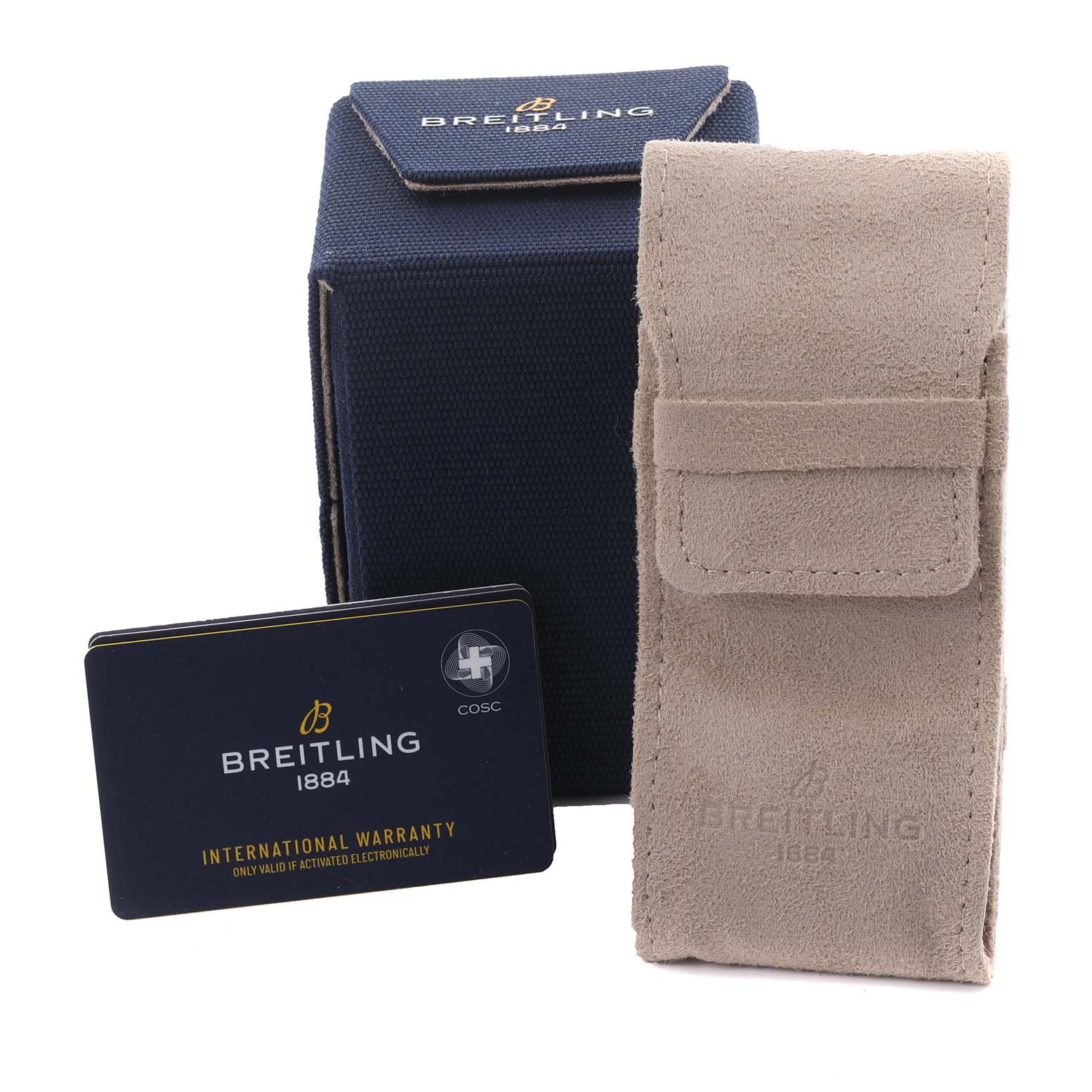 The image shows a vertical view of a Breitling Avenger V13375 Men's Titanium Blue Dial V13375 Men's Titanium Blue Dial box, warranty card, and a suede pouch.