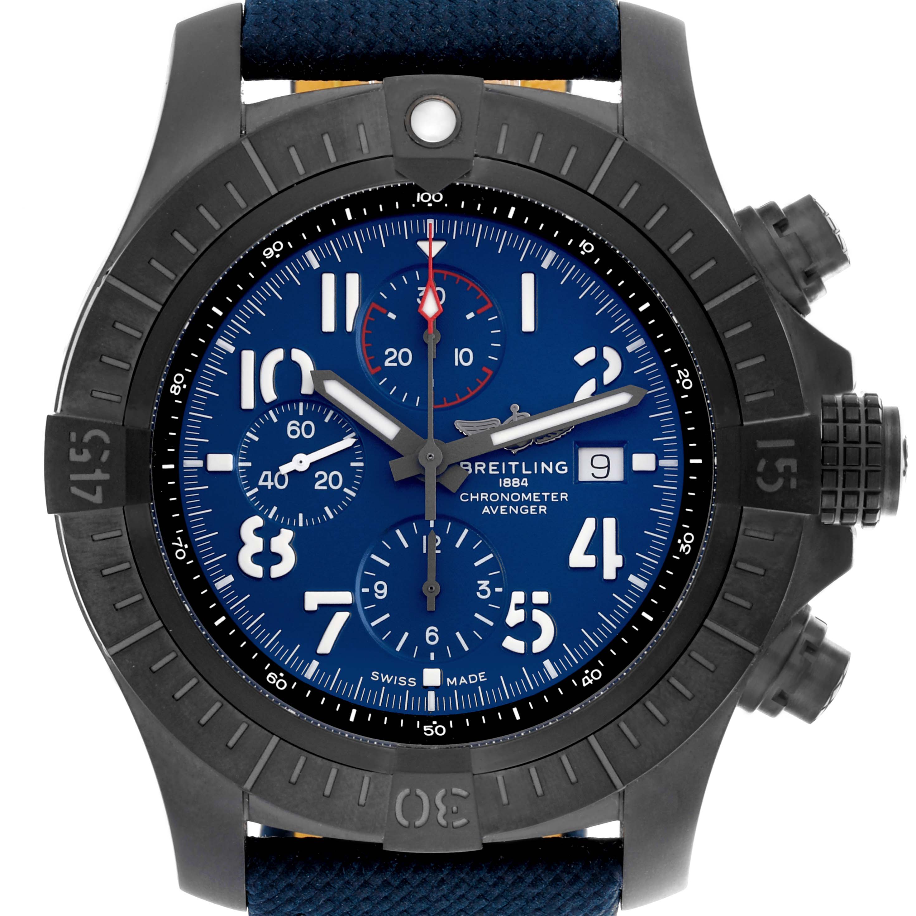 The Breitling Avenger V13375 Men's Titanium Blue Dial V13375 Men's Titanium Blue Dial watch is shown from a front angle, displaying its face, bezel, subdials, and side pushers.