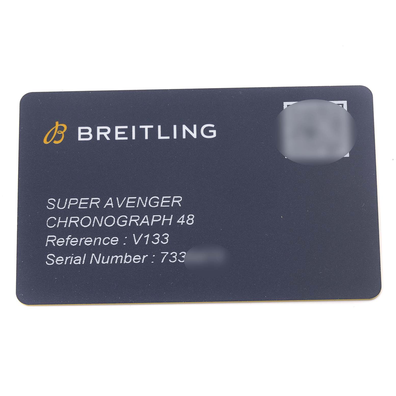 The image shows a warranty card for the Breitling Avenger V13375 Men's Titanium Blue Dial V13375 Men's Titanium Blue Dial model, including reference and serial numbers.