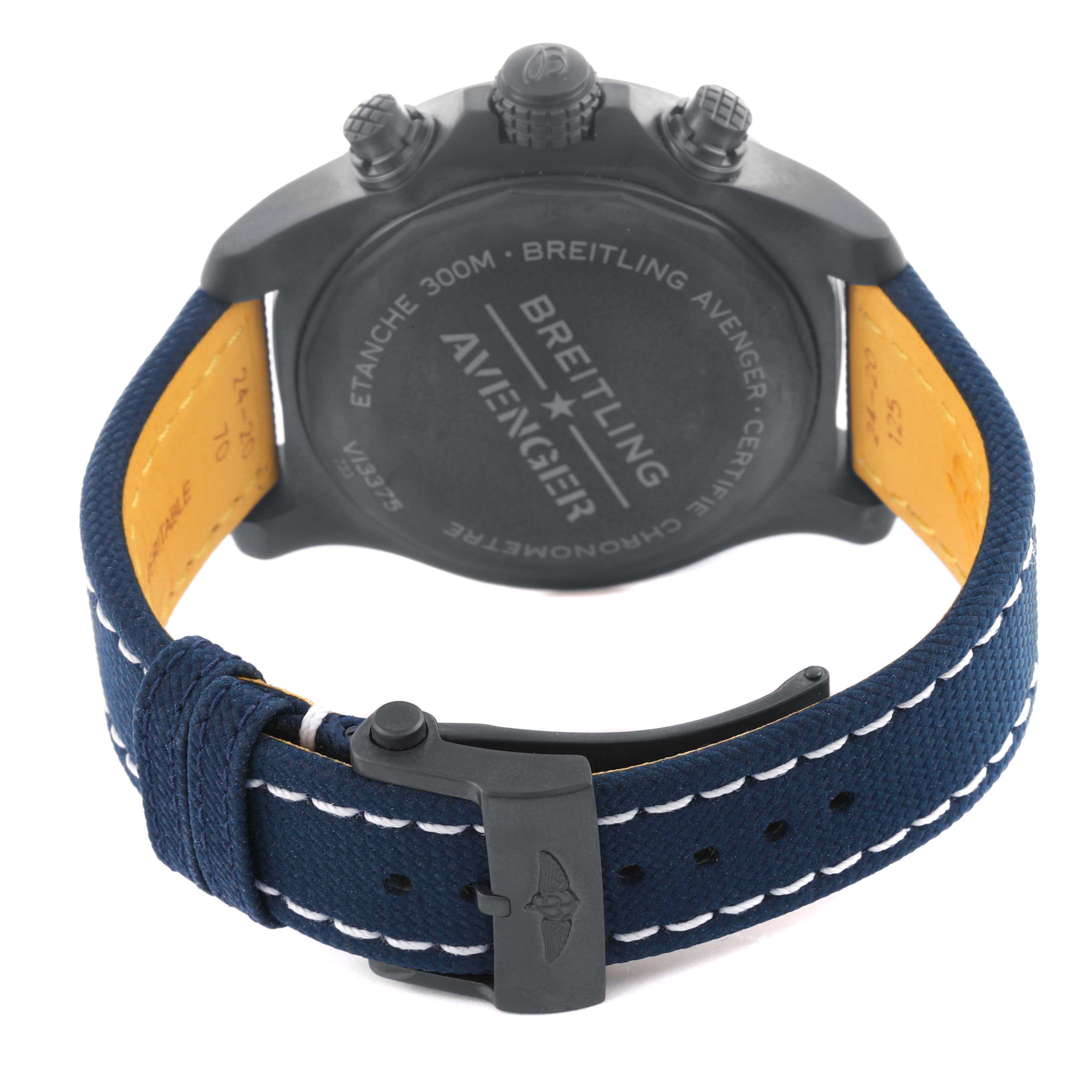 The image shows the back of a Breitling Avenger V13375 Men's Titanium Blue Dial V13375 Men's Titanium Blue Dial watch, highlighting the case back, crown, and strap with buckle.