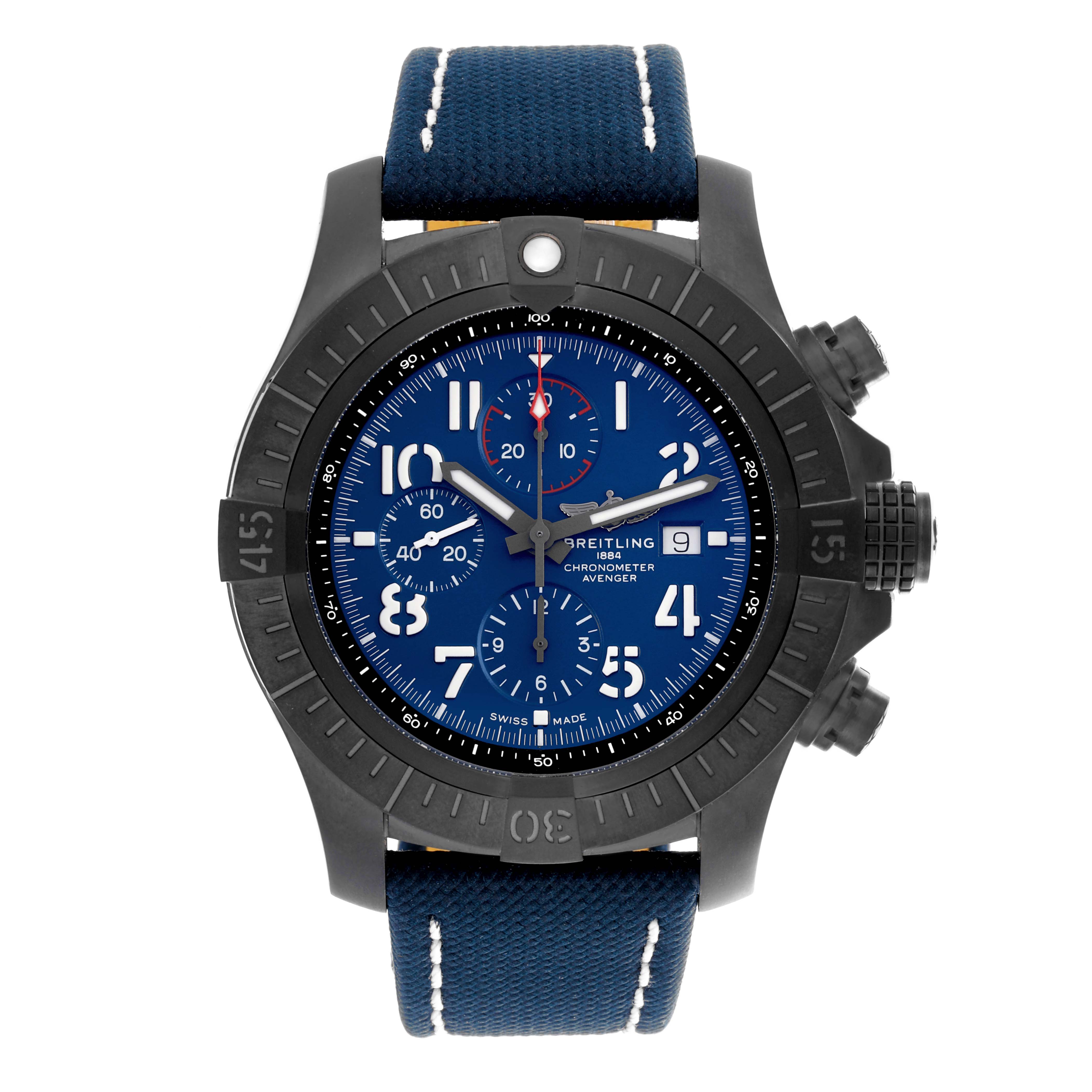 The image shows a frontal view of a Breitling Avenger V13375 Men's Titanium Blue Dial V13375 Men's Titanium Blue Dial watch, highlighting its blue dial, chronograph subdials, and textured strap.