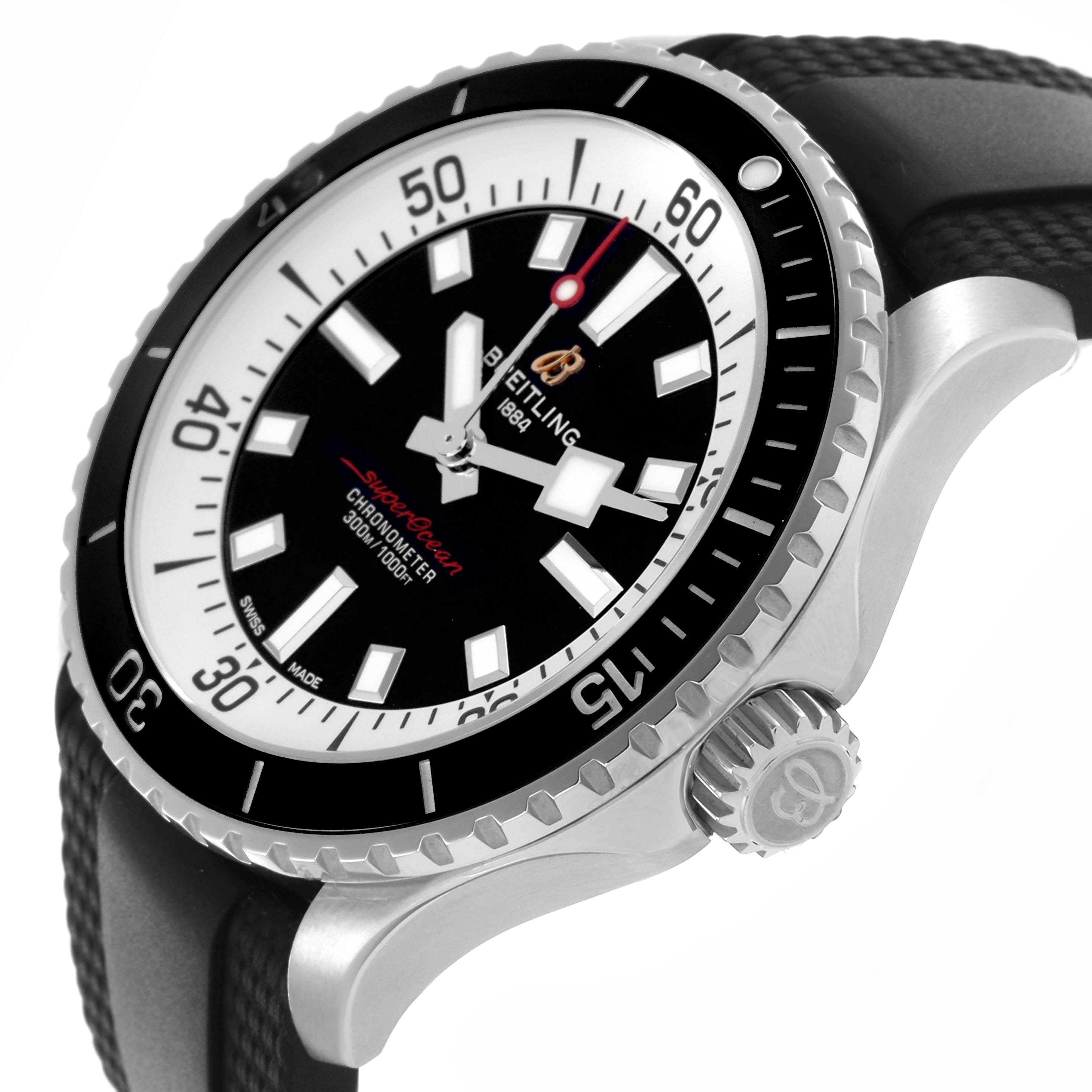 The Breitling Superocean A17375 Men's Stainless Steel Black Dial A17375 Men's Stainless Steel Black Dial watch is shown at an angled side view, highlighting the bezel, dial, crown, and strap.