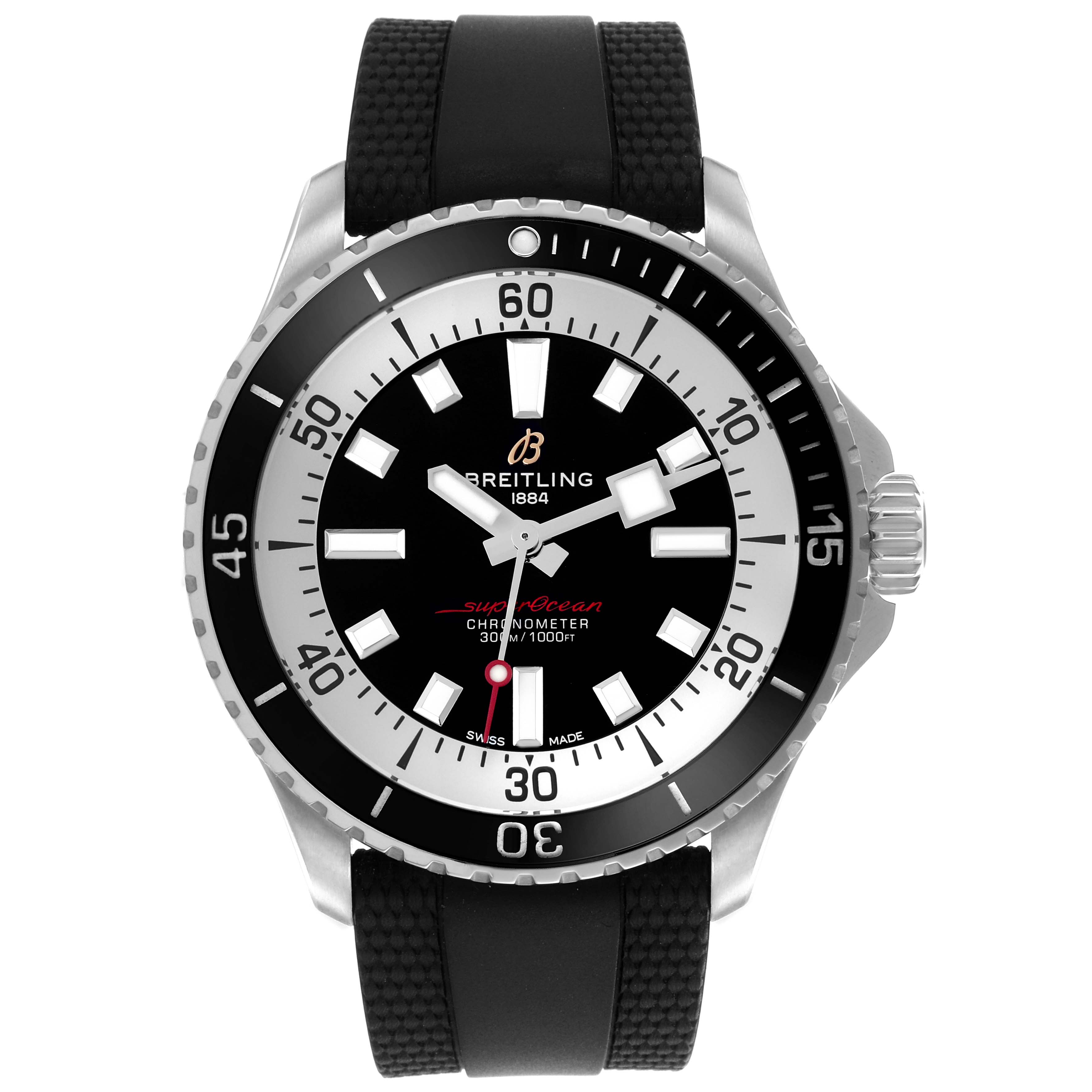 The Breitling Superocean A17375 Men's Stainless Steel Black Dial A17375 Men's Stainless Steel Black Dial watch is shown from a front angle, displaying the dial, bezel, and a portion of the strap.