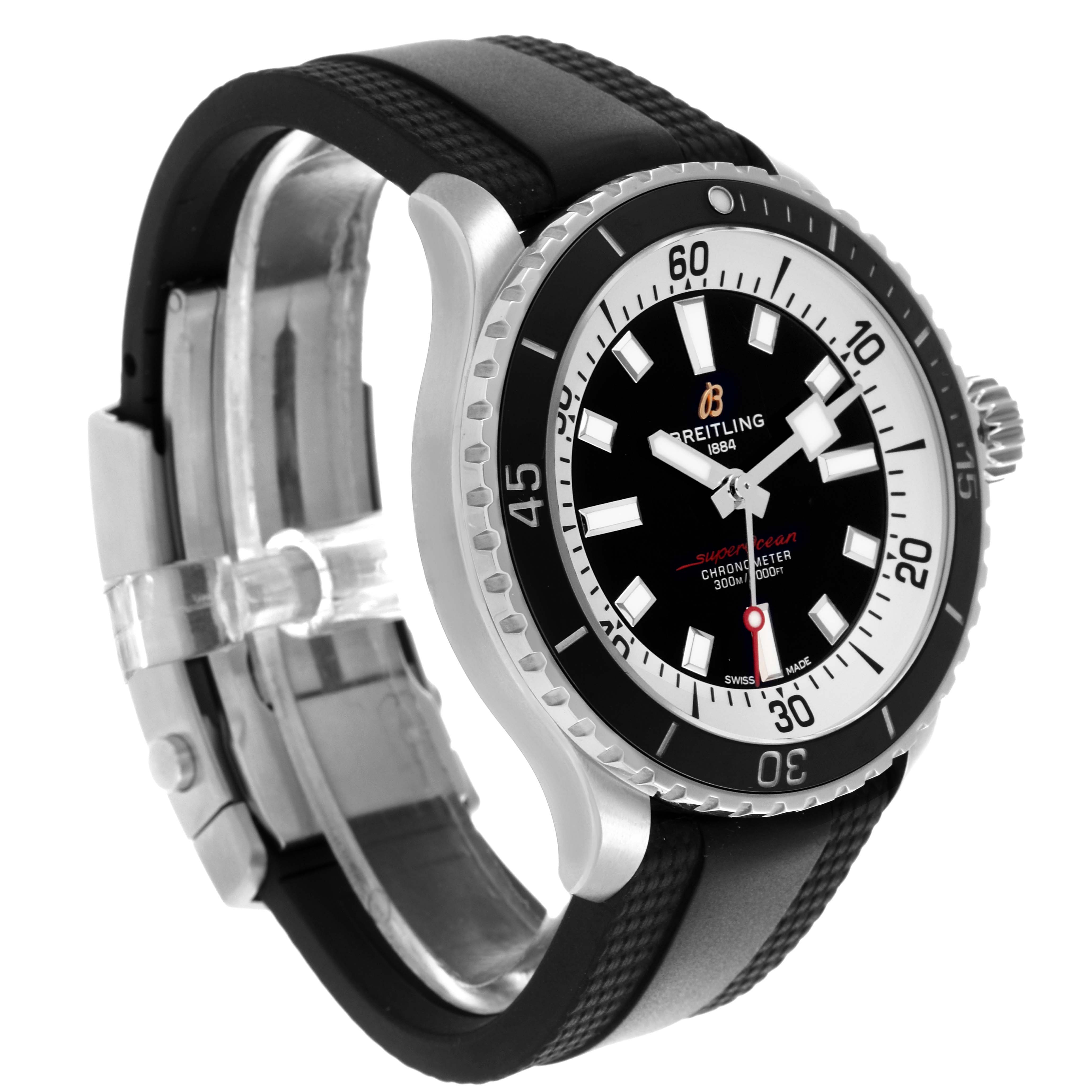 The Breitling Superocean A17375 Men's Stainless Steel Black Dial A17375 Men's Stainless Steel Black Dial watch is shown at an angled side view, highlighting the bezel, dial, and rubber strap.