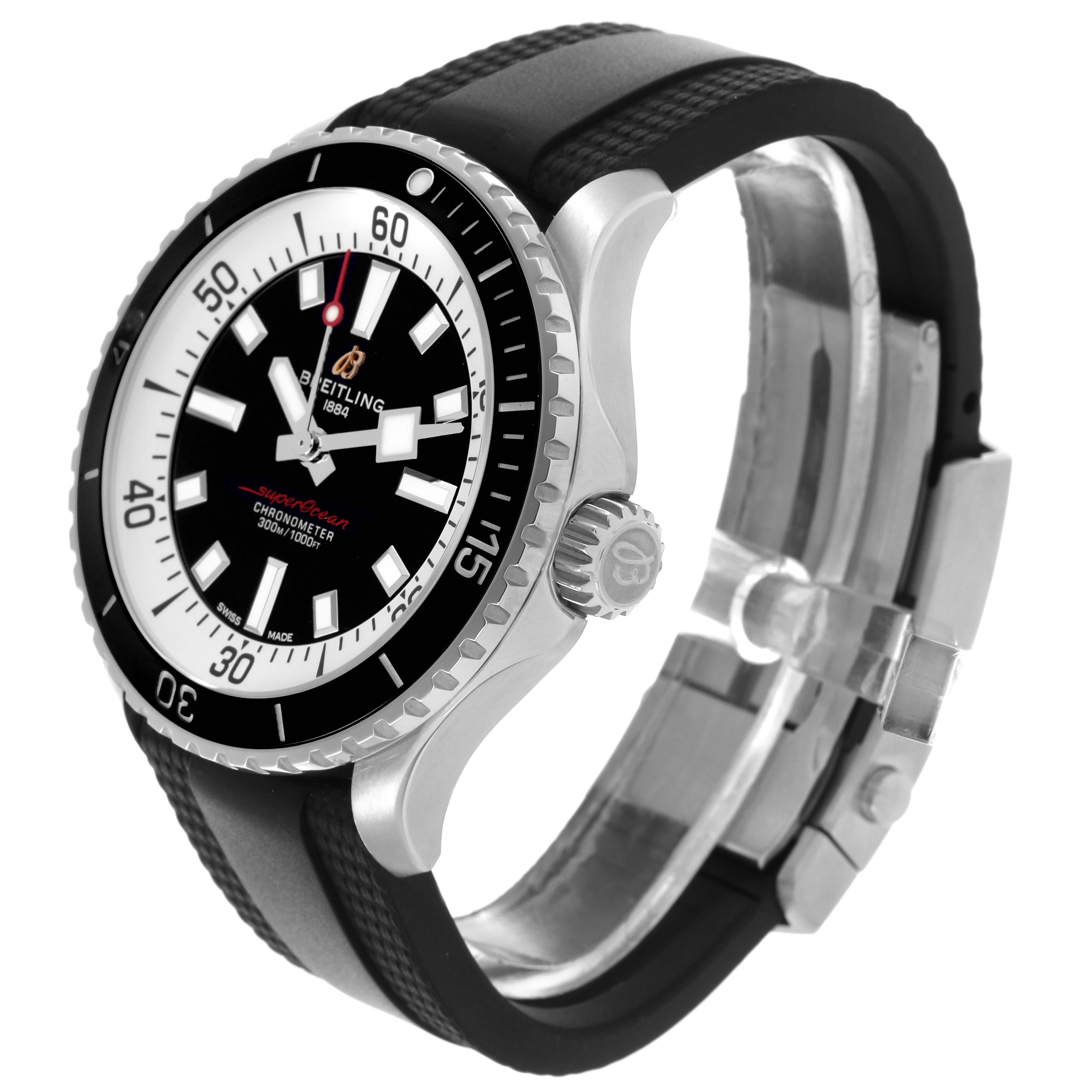 The Breitling Superocean A17375 Men's Stainless Steel Black Dial A17375 Men's Stainless Steel Black Dial watch is shown at an angled side view, focusing on the bezel, crown, and rubber strap.