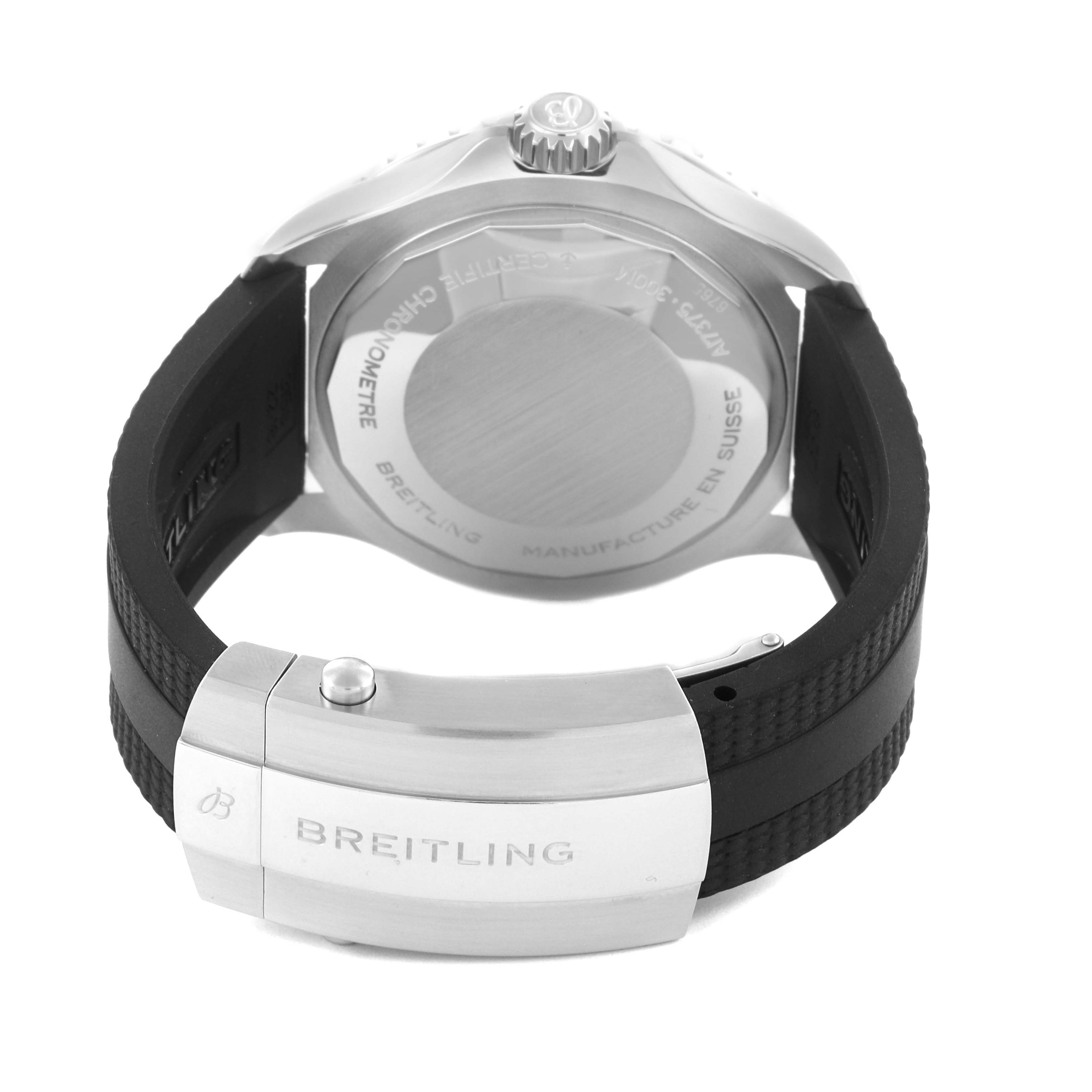 The image shows the back of the Breitling Superocean A17375 Men's Stainless Steel Black Dial A17375 Men's Stainless Steel Black Dial watch, highlighting its clasp, strap, crown, and case back.