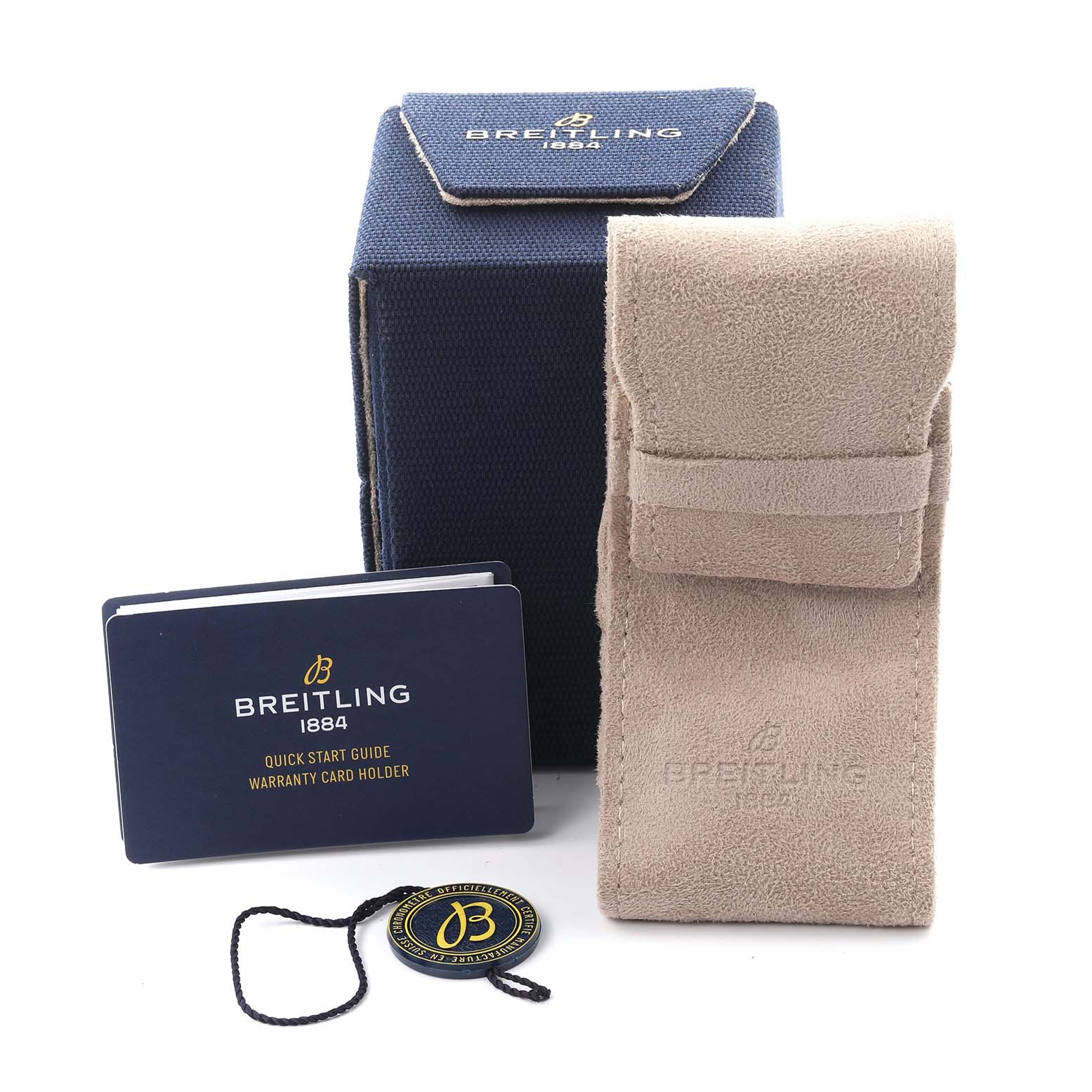 The image shows the box, suede pouch, quick start guide, and tag for a Breitling Superocean A17375 Men's Stainless Steel Black Dial A17375 Men's Stainless Steel Black Dial watch, viewed from the front.