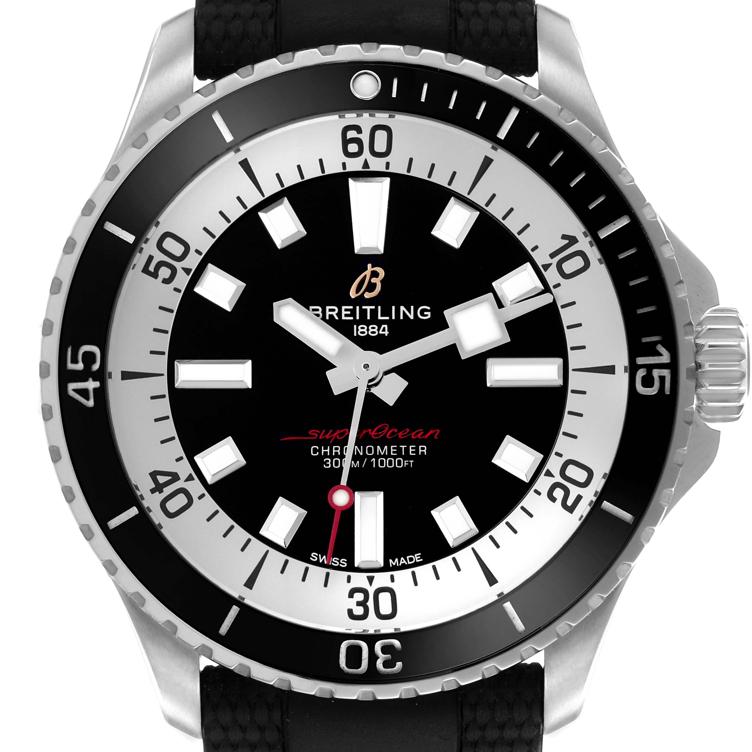 The image shows a frontal view of the Breitling Superocean A17375 Men's Stainless Steel Black Dial A17375 Men's Stainless Steel Black Dial watch, highlighting its dial, bezel, and crown.