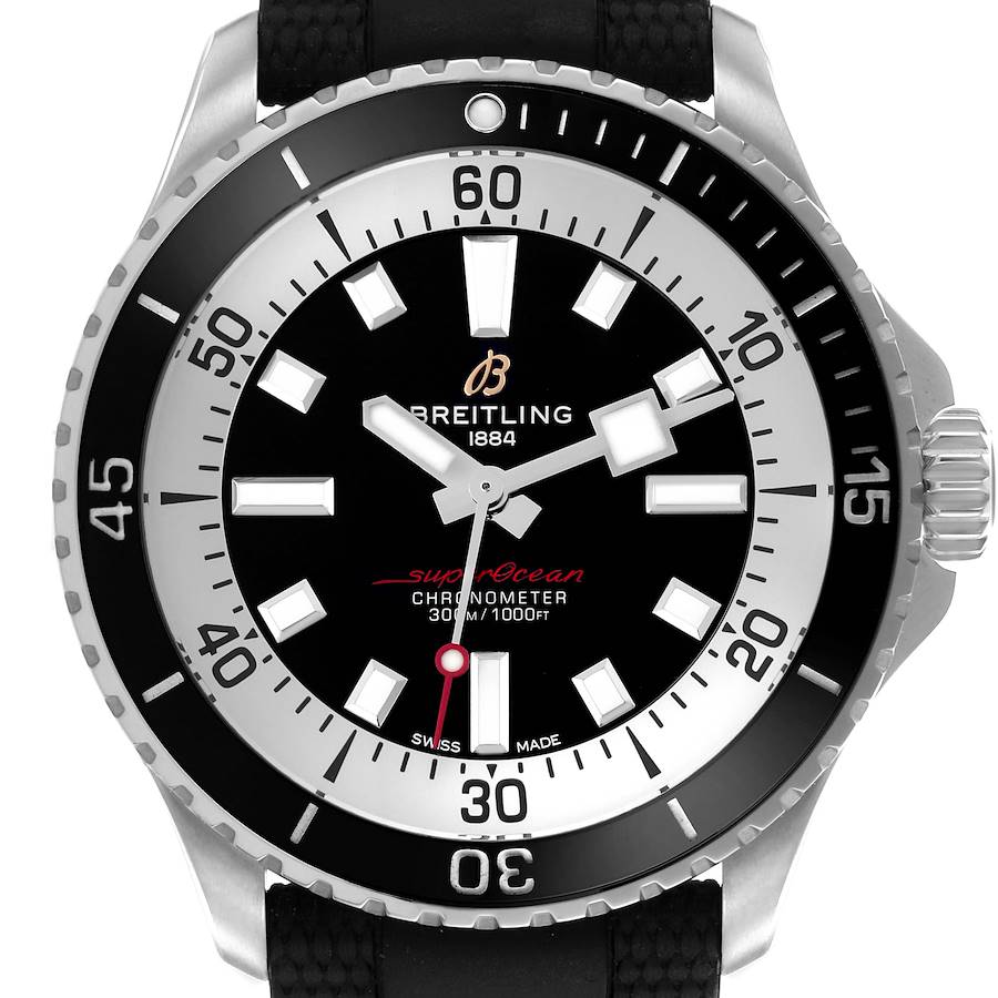 The image shows a frontal view of the Breitling Superocean watch, highlighting its dial, bezel, and crown.