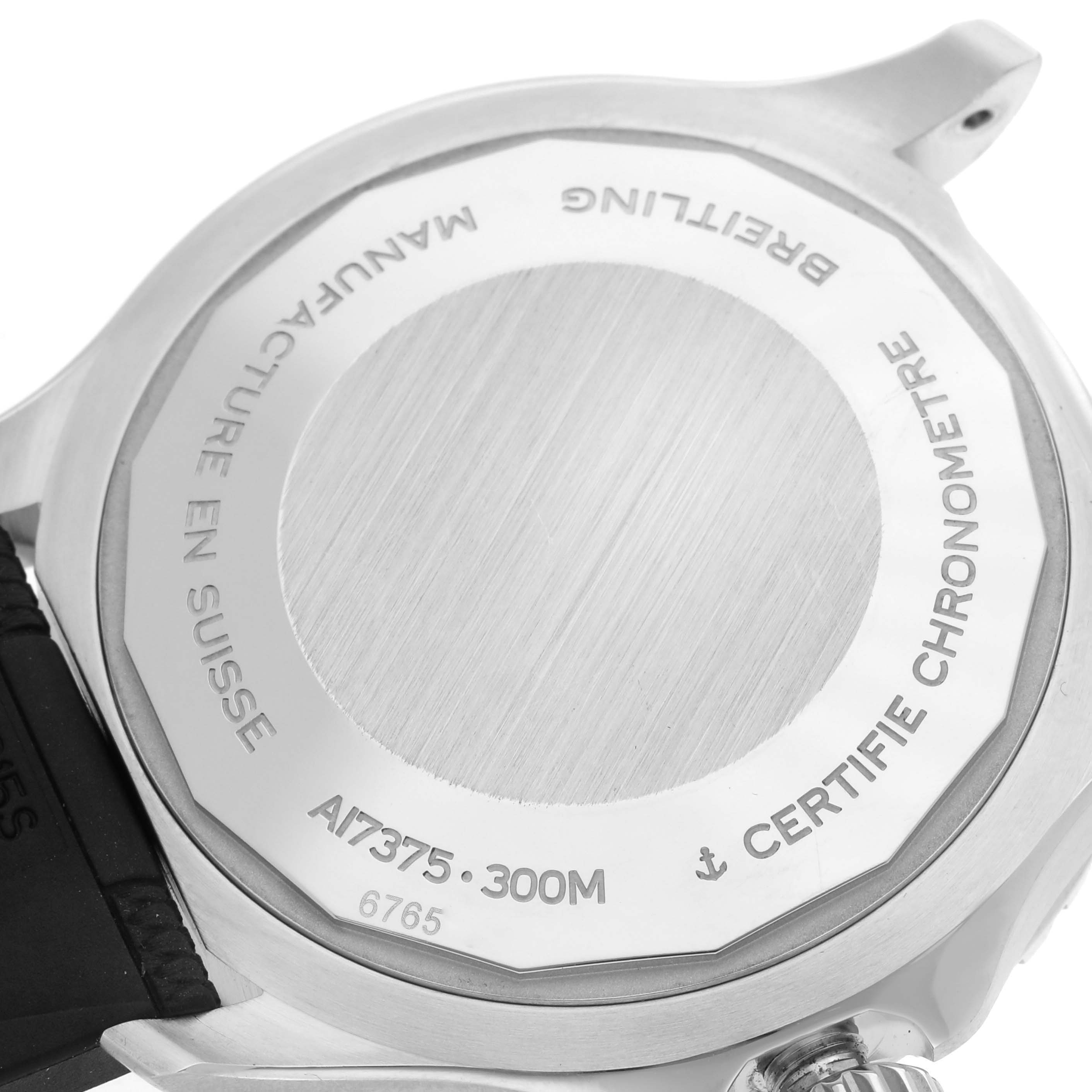 The image shows the back case of the Breitling Superocean A17375 Men's Stainless Steel Black Dial A17375 Men's Stainless Steel Black Dial watch, highlighting the engravings and water resistance details.