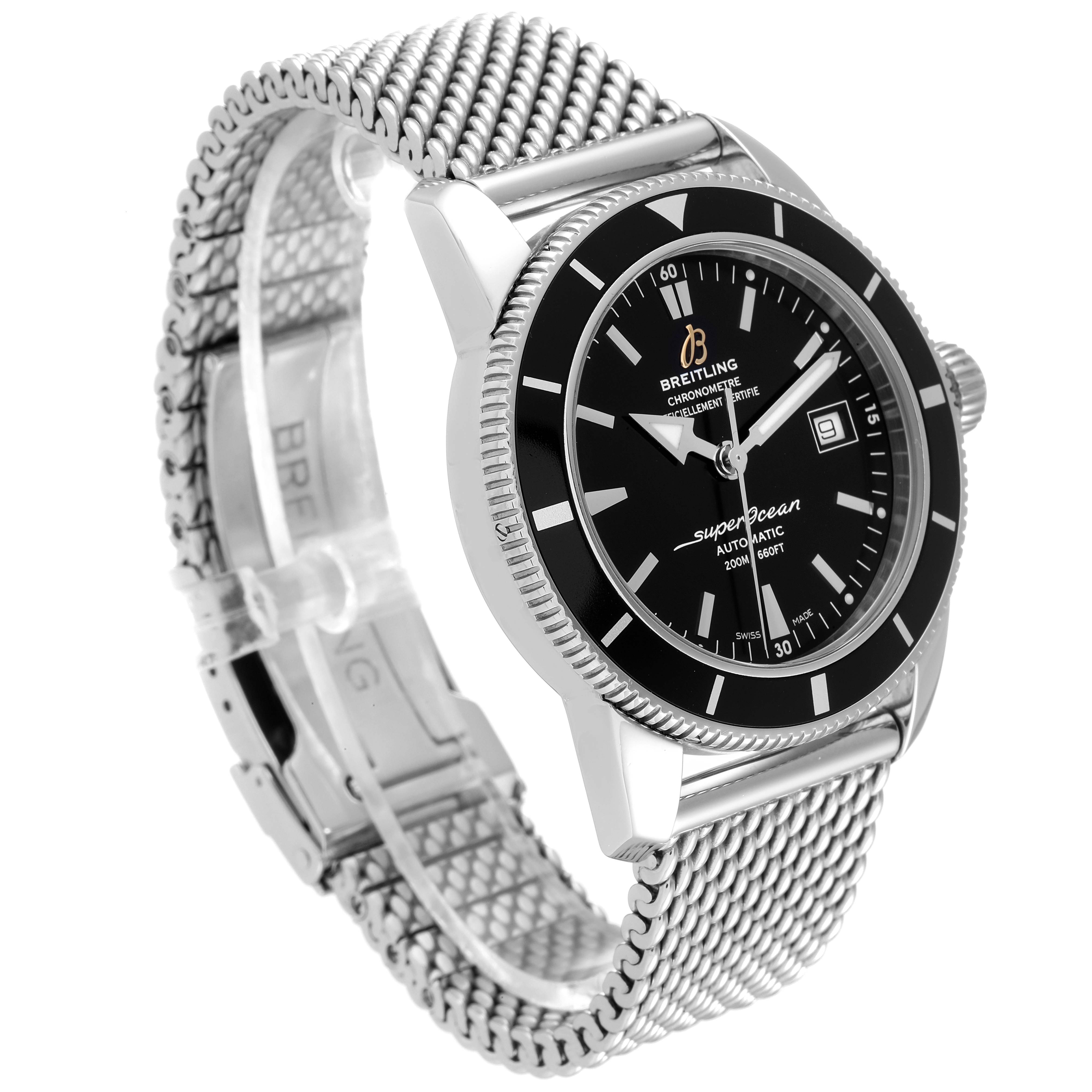 The image shows a Breitling Superocean A17321 Men's Stainless Steel Black Dial A17321 Men's Stainless Steel Black Dial watch angled towards the front left, highlighting the watch face, bezel, and metal strap.