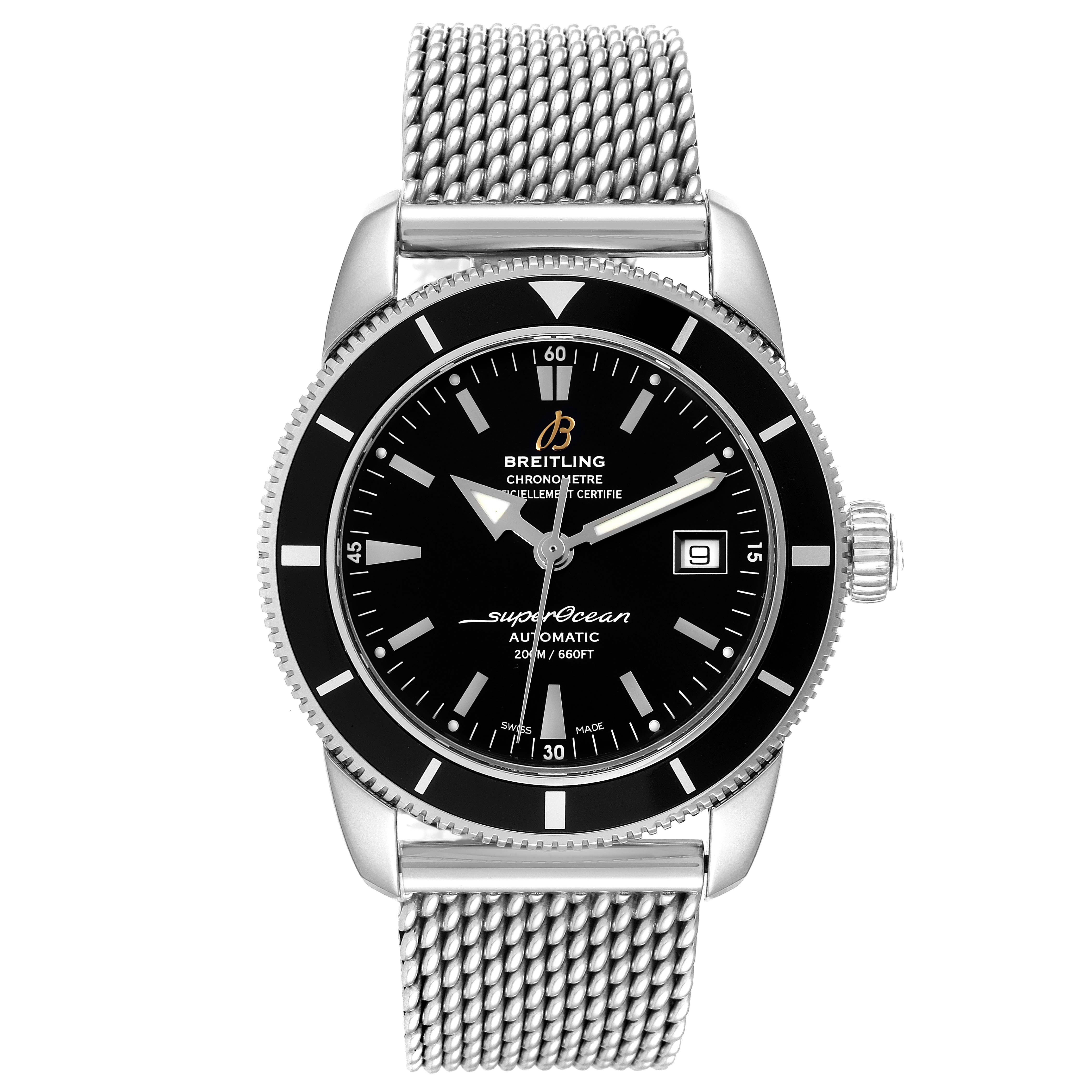 The Breitling Superocean A17321 Men's Stainless Steel Black Dial A17321 Men's Stainless Steel Black Dial watch is shown from the front, displaying its black dial, steel mesh bracelet, and date display.