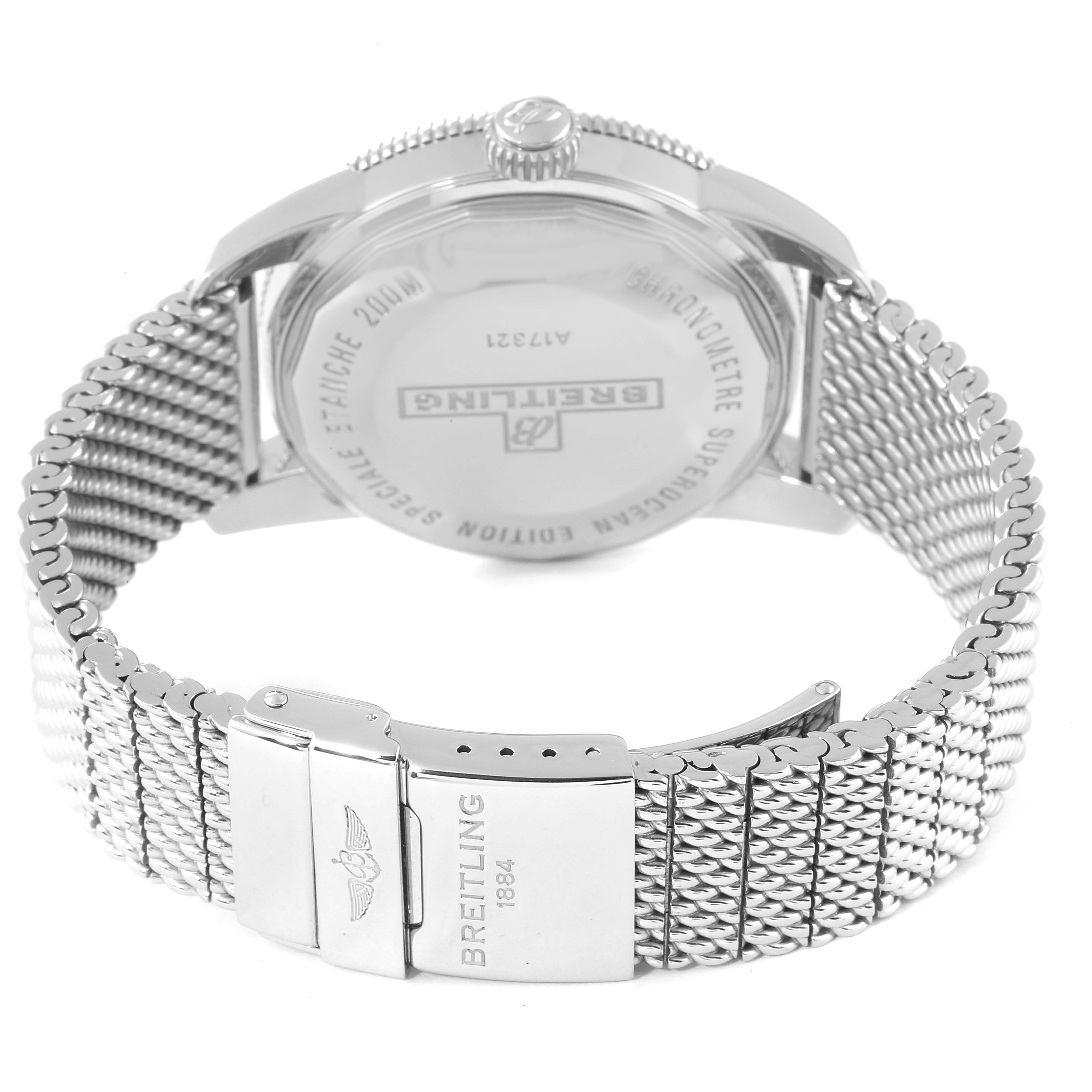 The image shows the back case and stainless steel mesh bracelet of the Breitling Superocean A17321 Men's Stainless Steel Black Dial A17321 Men's Stainless Steel Black Dial watch.