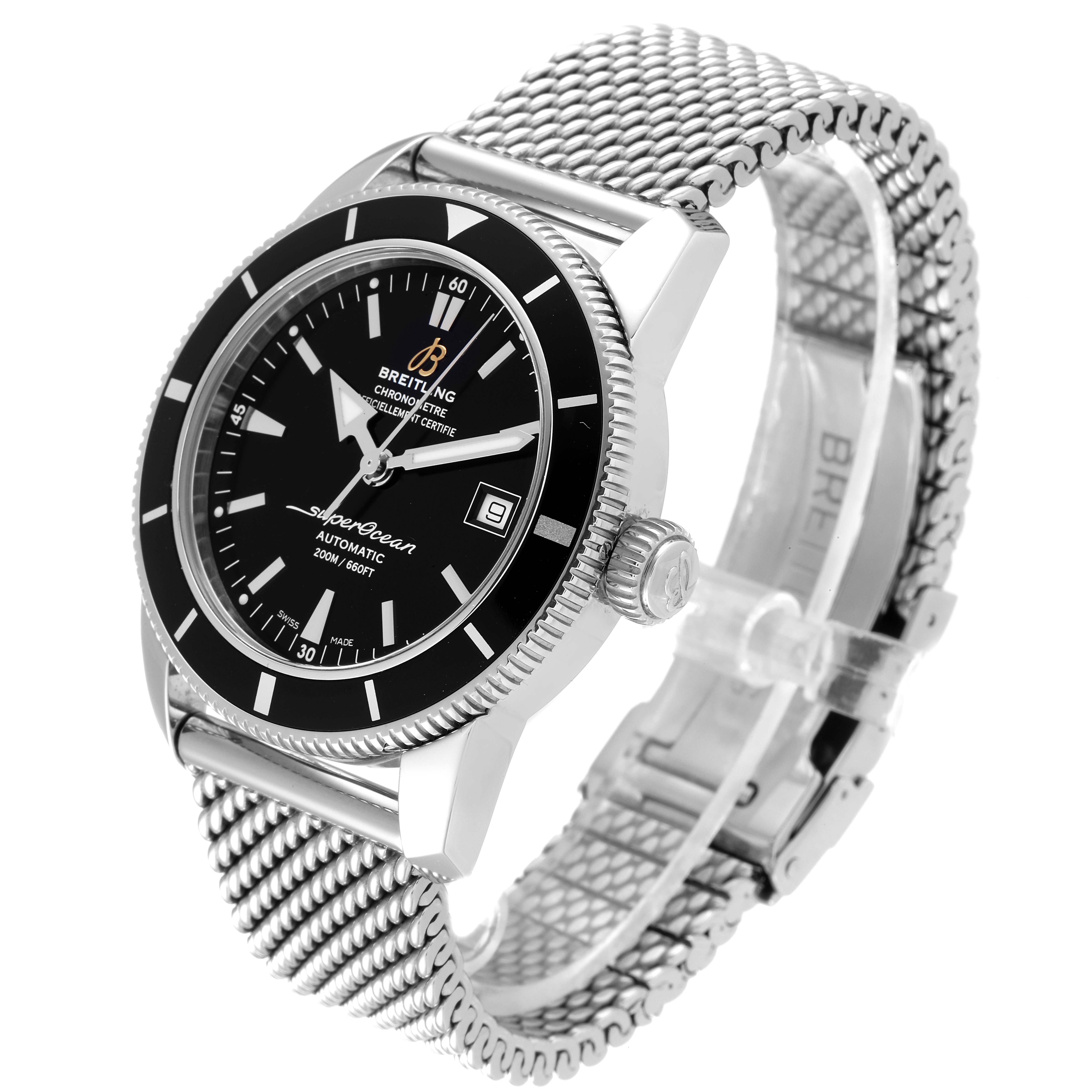 The image shows a Breitling Superocean A17321 Men's Stainless Steel Black Dial A17321 Men's Stainless Steel Black Dial watch from an angled side view, highlighting the face, crown, and mesh strap.