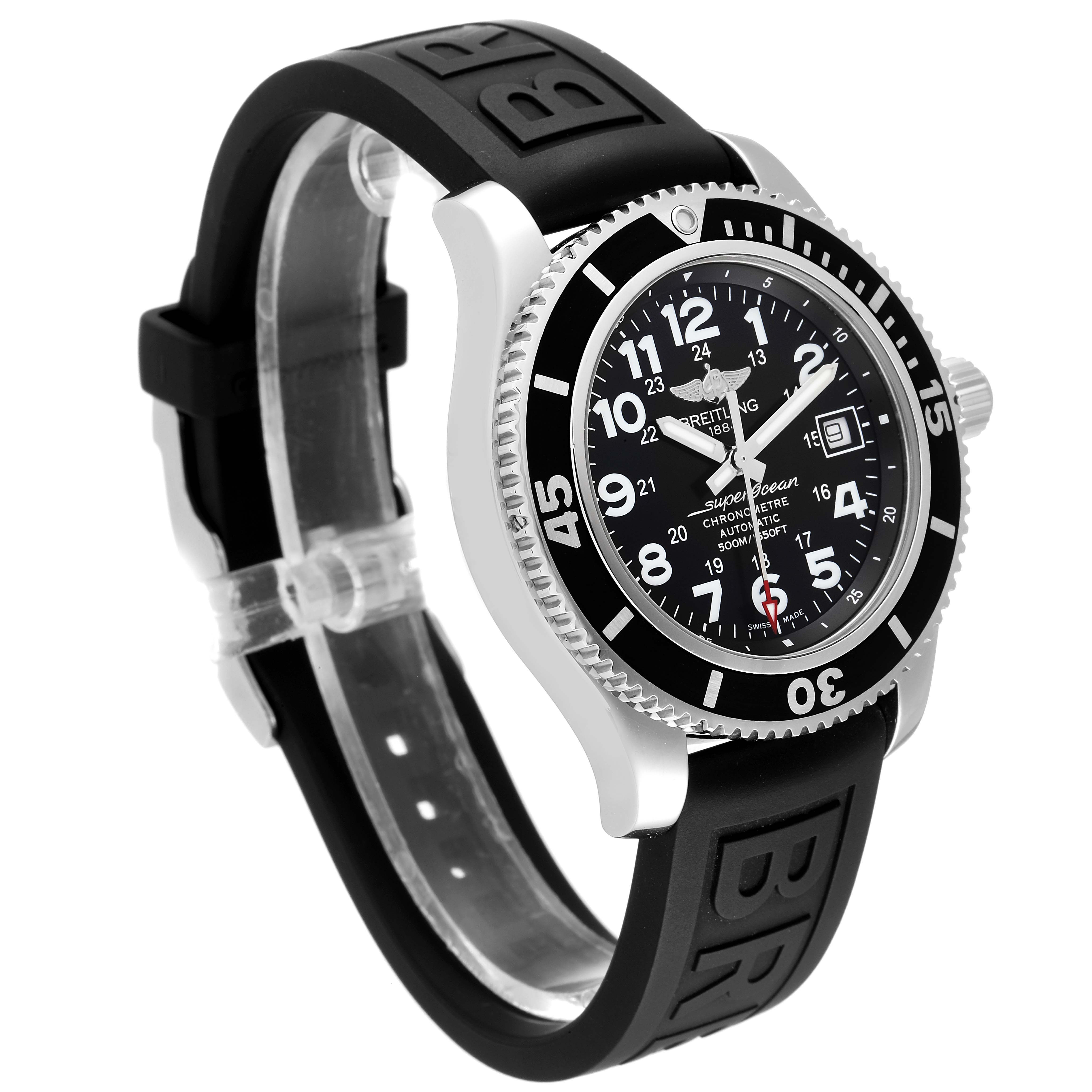 The image shows a Breitling Superocean A17365 Men's Stainless Steel Black Dial A17365 Men's Stainless Steel Black Dial watch at a slight angle, highlighting its dial, bezel, case, and rubber strap.