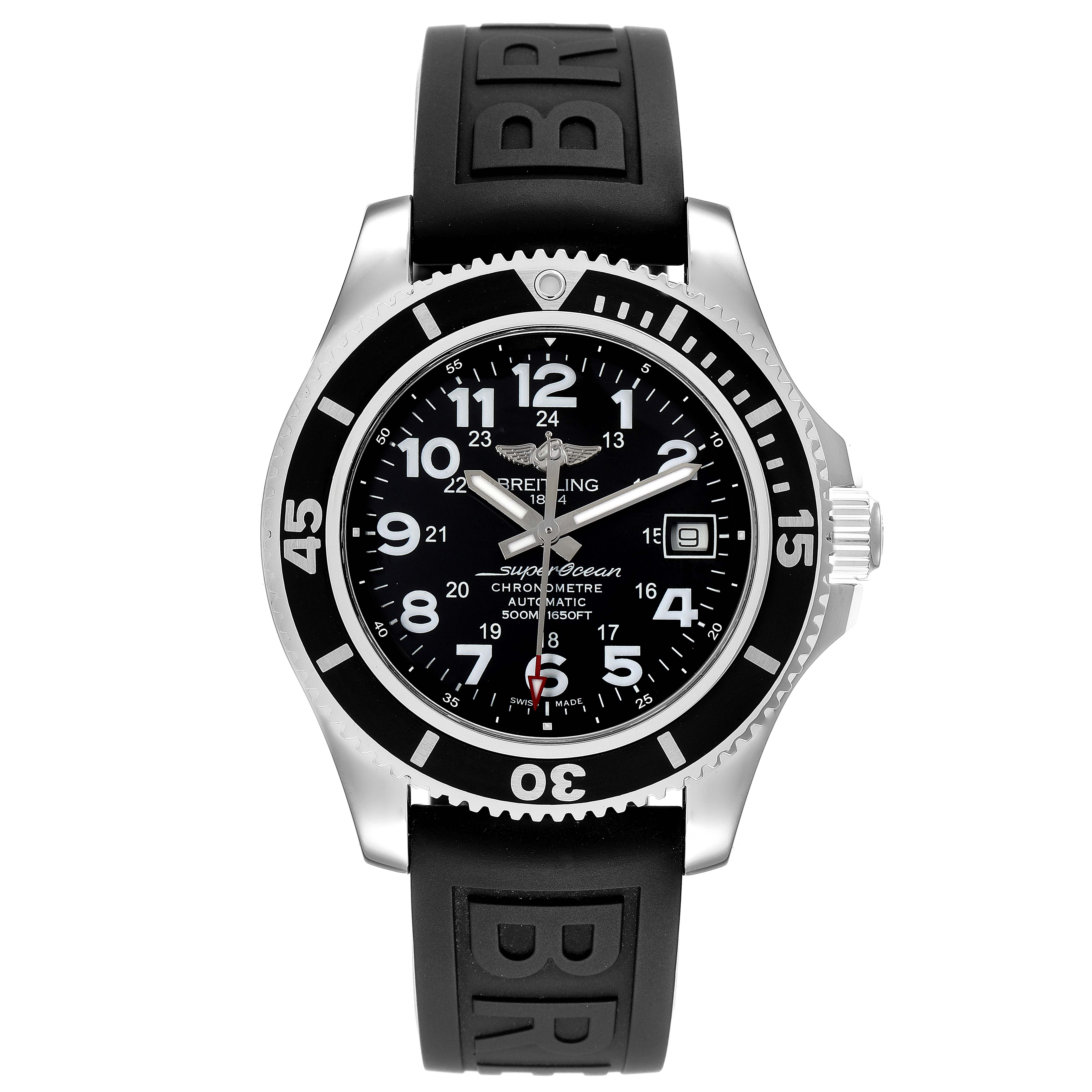 The image shows a front view of the Breitling Superocean A17365 Men's Stainless Steel Black Dial A17365 Men's Stainless Steel Black Dial watch, highlighting its black dial, bezel, and rubber strap.