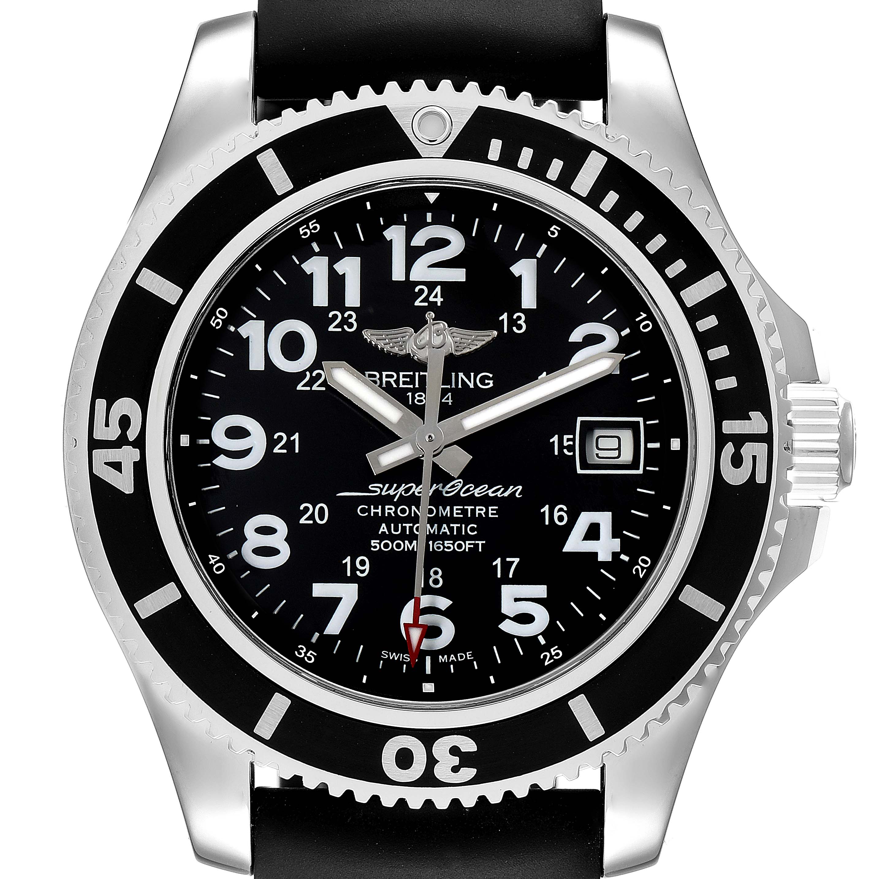 The image shows a frontal view of the Breitling Superocean A17365 Men's Stainless Steel Black Dial A17365 Men's Stainless Steel Black Dial watch, highlighting the dial, bezel, and crown.