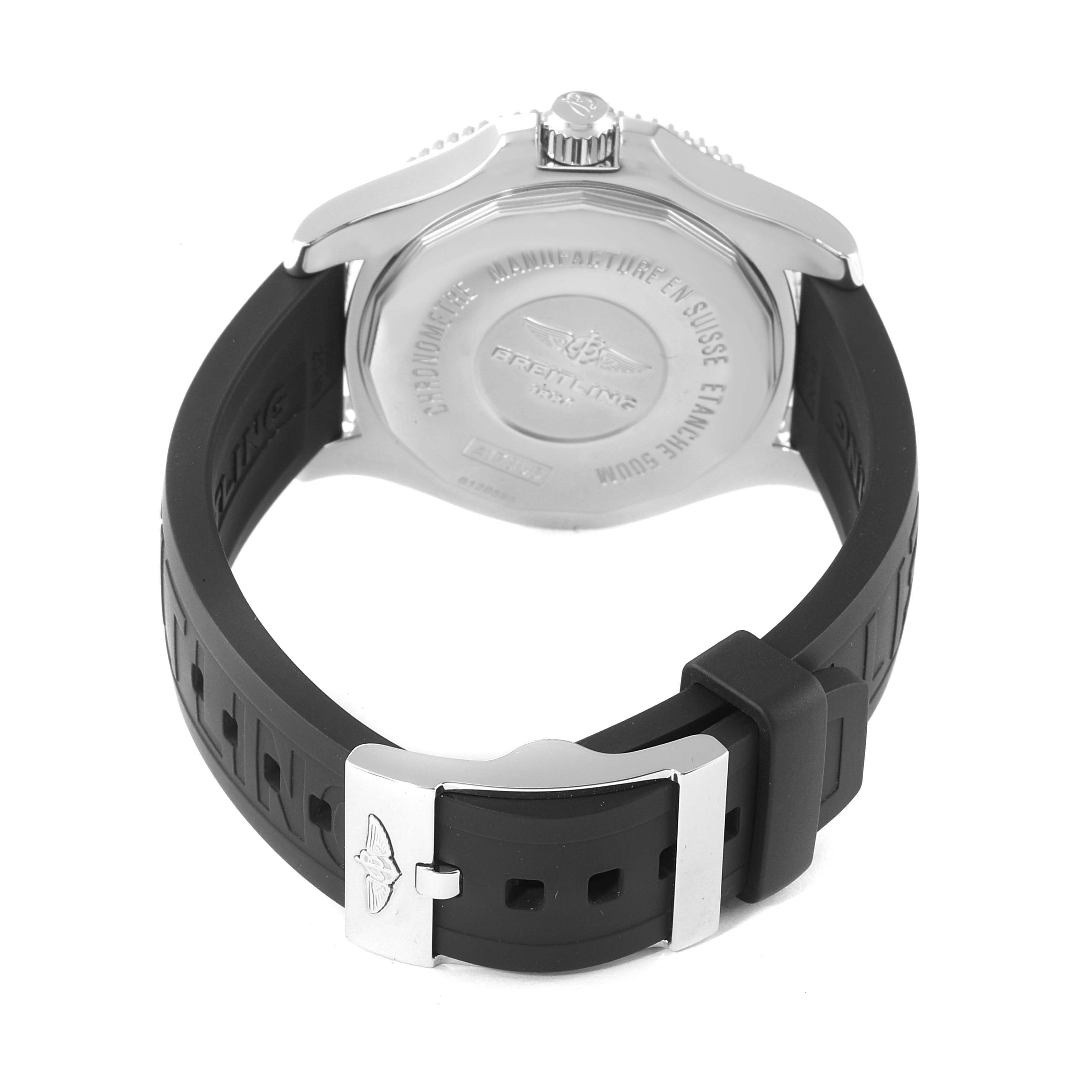 The image shows the back case and rubber strap of a Breitling Superocean A17365 Men's Stainless Steel Black Dial A17365 Men's Stainless Steel Black Dial watch.