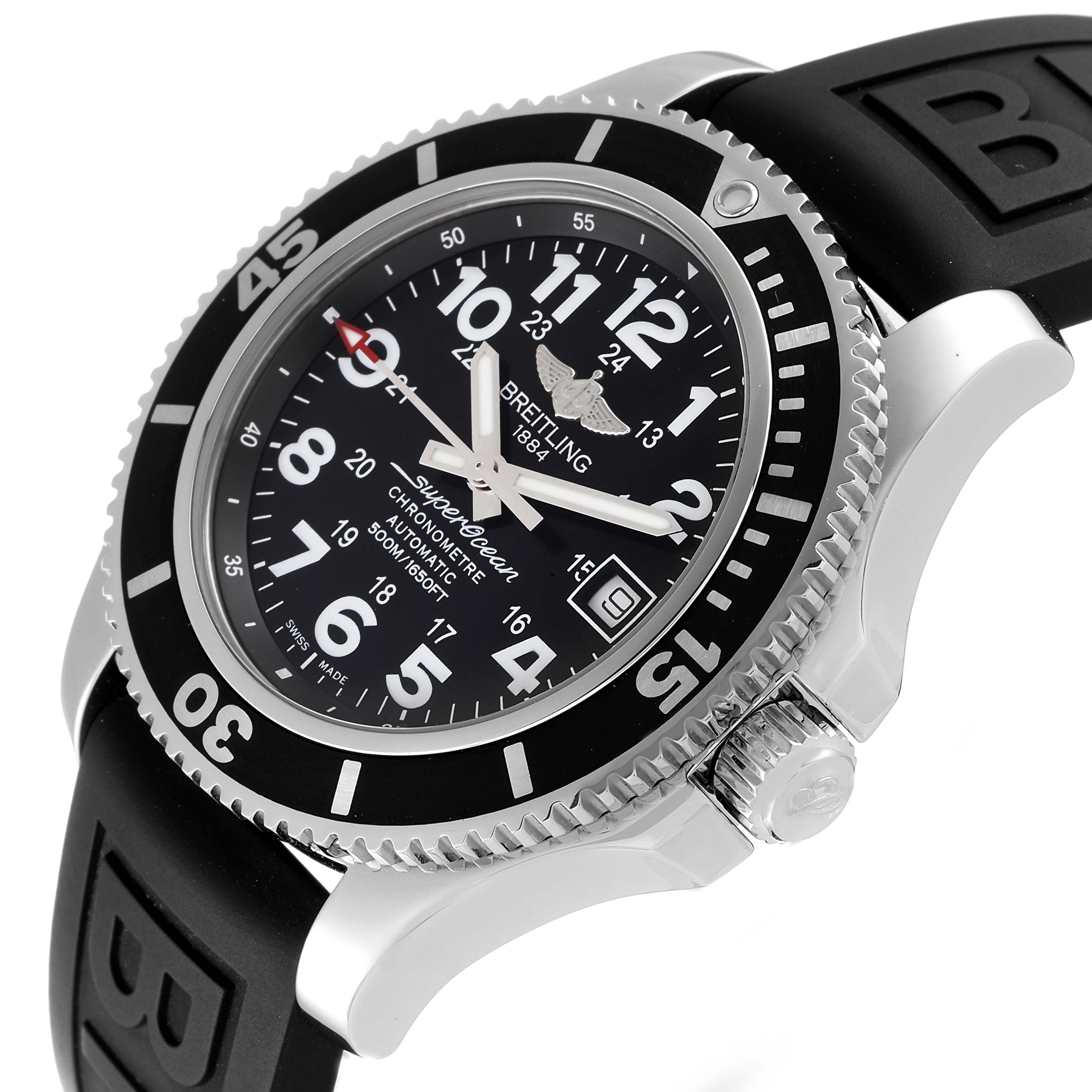 The image shows a side angle of the Breitling Superocean A17365 Men's Stainless Steel Black Dial A17365 Men's Stainless Steel Black Dial watch, featuring its bezel, dial, crown, and rubber strap.