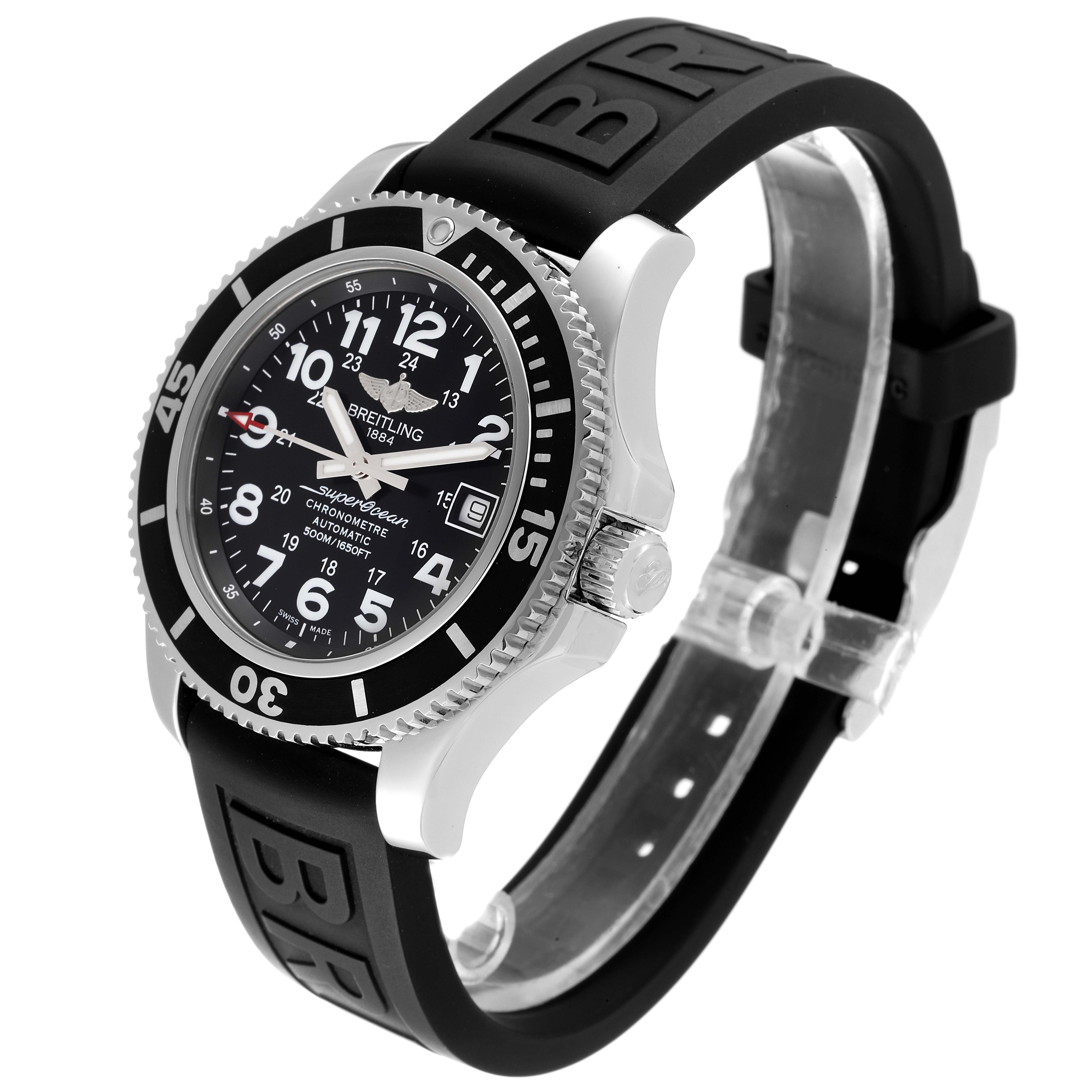 This image shows a Breitling Superocean A17365 Men's Stainless Steel Black Dial A17365 Men's Stainless Steel Black Dial watch at an angle highlighting its black dial, bezel, and black rubber strap.