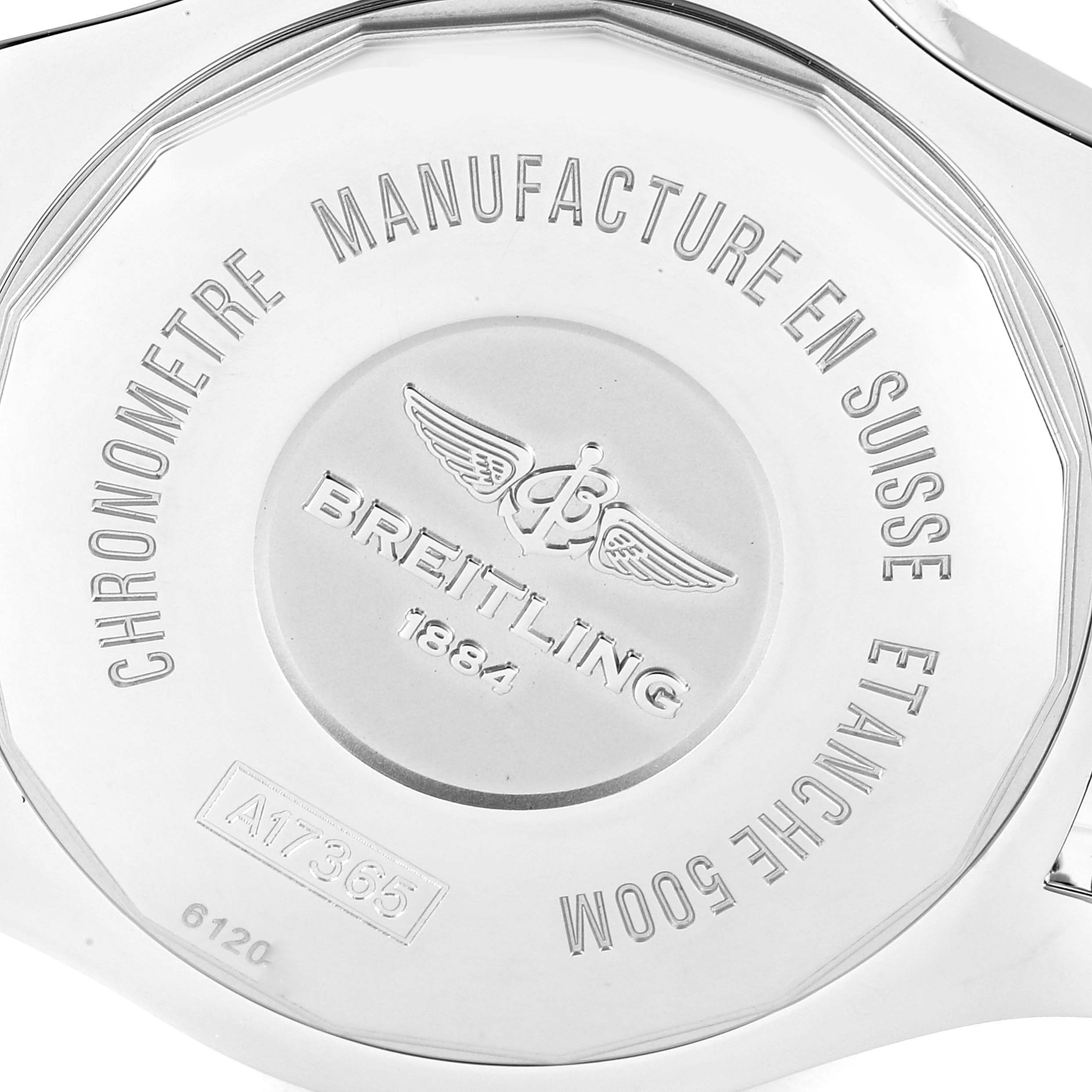 This image shows the back case of a Breitling Superocean A17365 Men's Stainless Steel Black Dial A17365 Men's Stainless Steel Black Dial watch, displaying its brand insignia and model information.