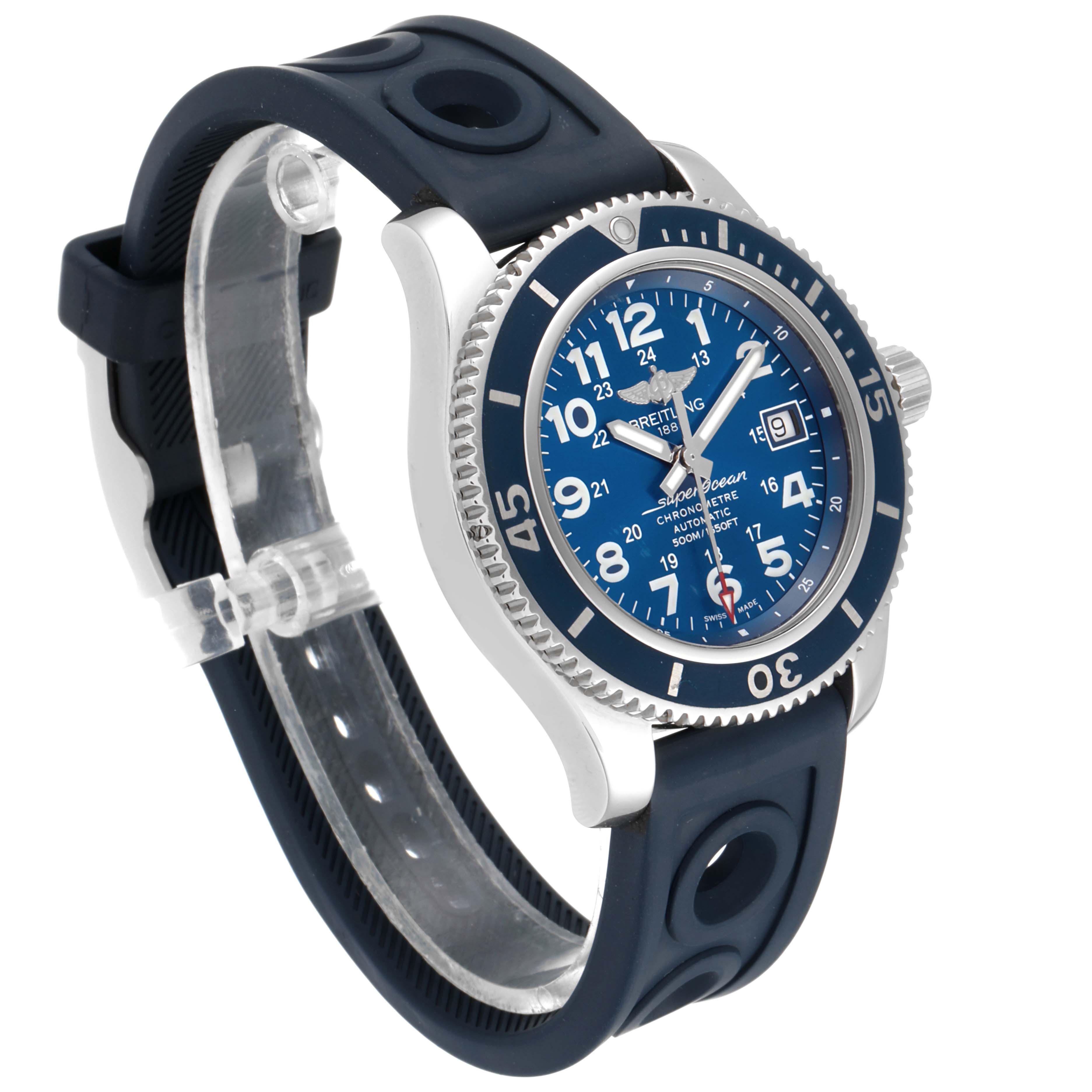 This Breitling Superocean A17365 Men's Stainless Steel Blue Dial A17365 Men's Stainless Steel Blue Dial watch is shown at a three-quarter angle, displaying the dial, bezel, crown, and part of the strap.