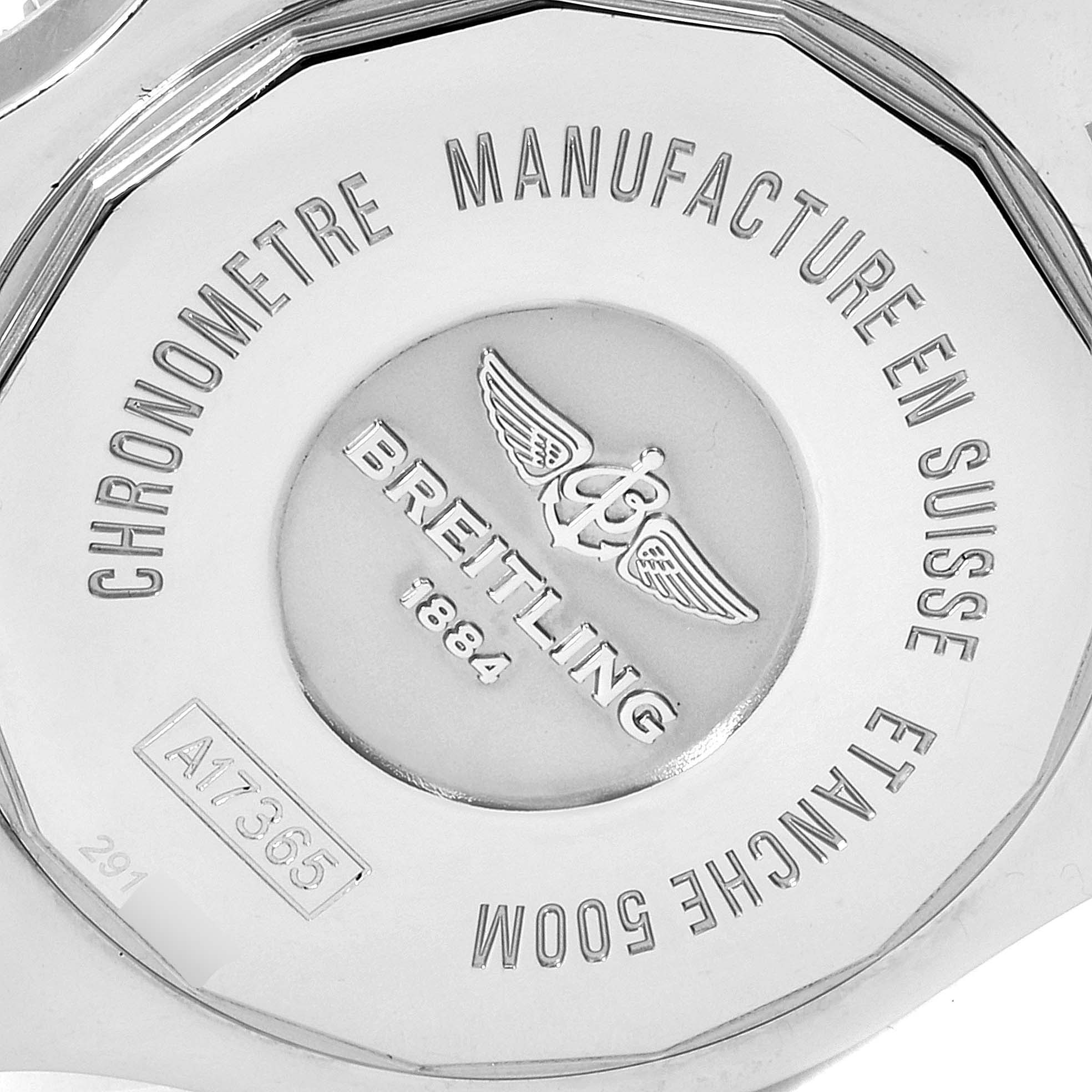 This image shows the case back of a Breitling Superocean A17365 Men's Stainless Steel Blue Dial A17365 Men's Stainless Steel Blue Dial watch, featuring engraved details and the brand logo.